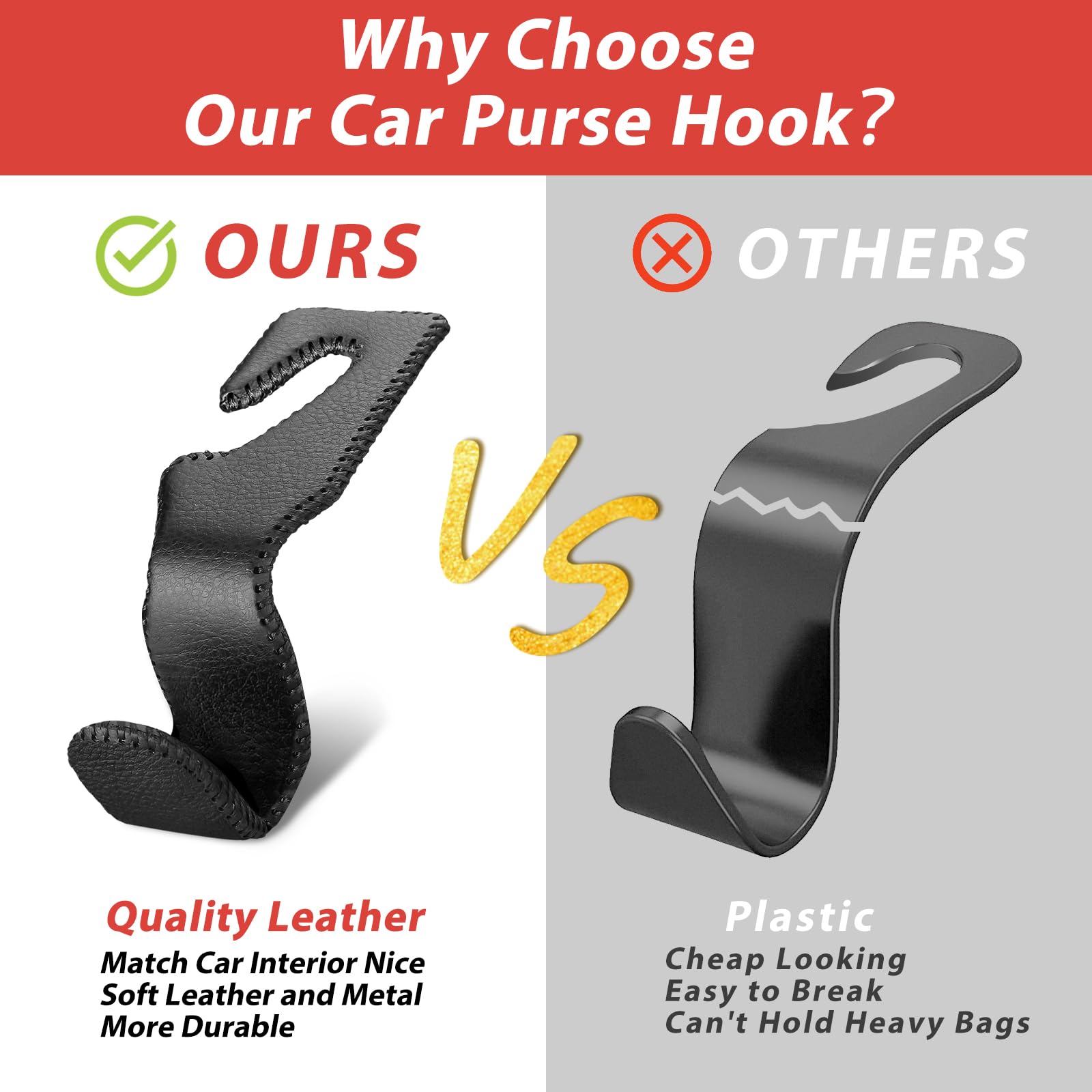 Etre Jeune Purse Hook For Car, Car Purse Holder Headrest Hook Vehicle Leather Storage Hook For Hanging Purses And Bags, 2 Pack Black