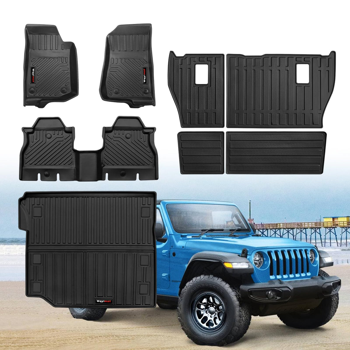 Wqyimat Custom for 2018-2025 Jeep Wrangler JL 4 Door Floor Mats Cargo Liner Backrest Mat Full Set All Weather TPE Rubber Protect