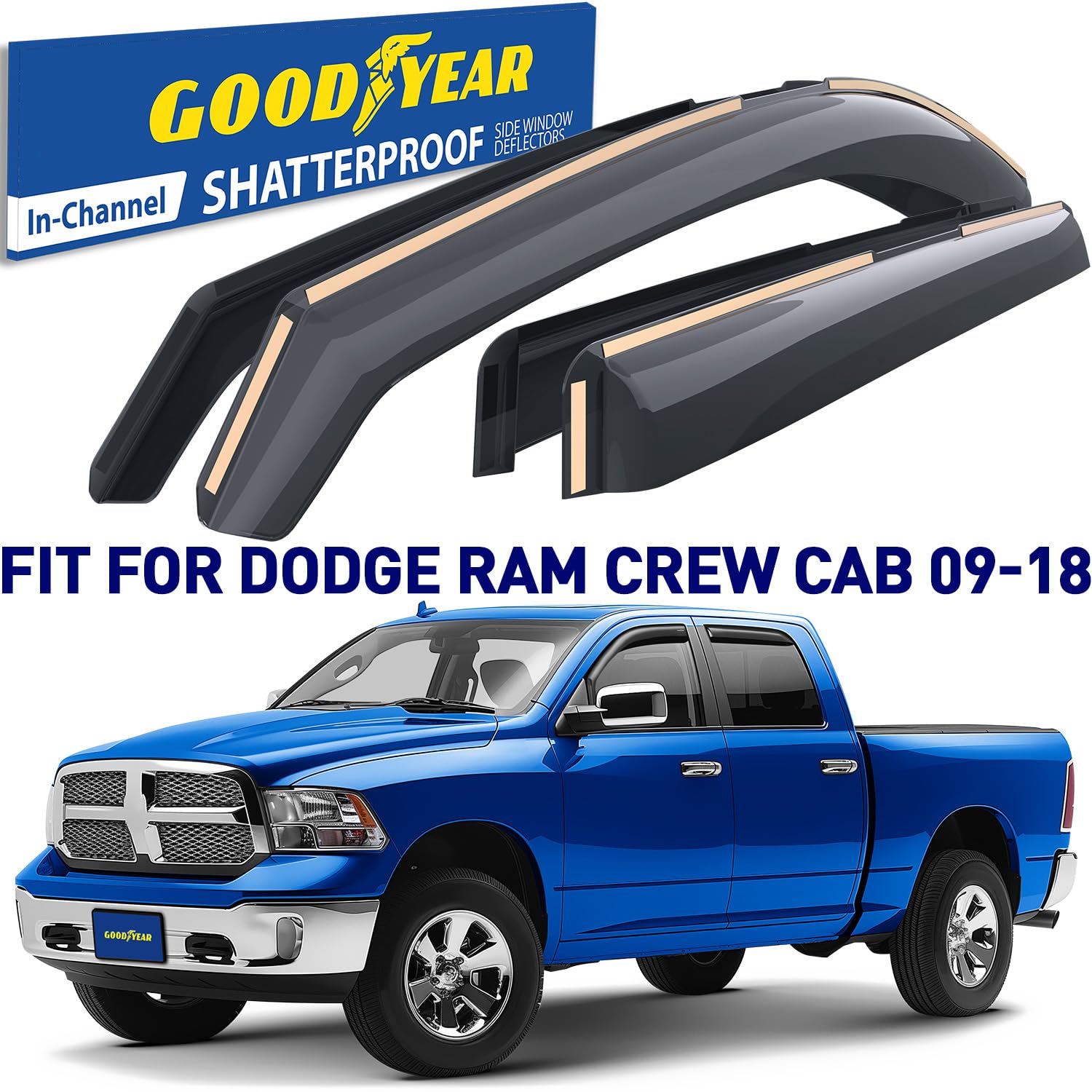 Goodyear Shatterproof In-Channel Window Deflectors For Trucks Dodge Ram 2009-2018 Crew Cab 1500 2500 3500, Rain Guards, Window V