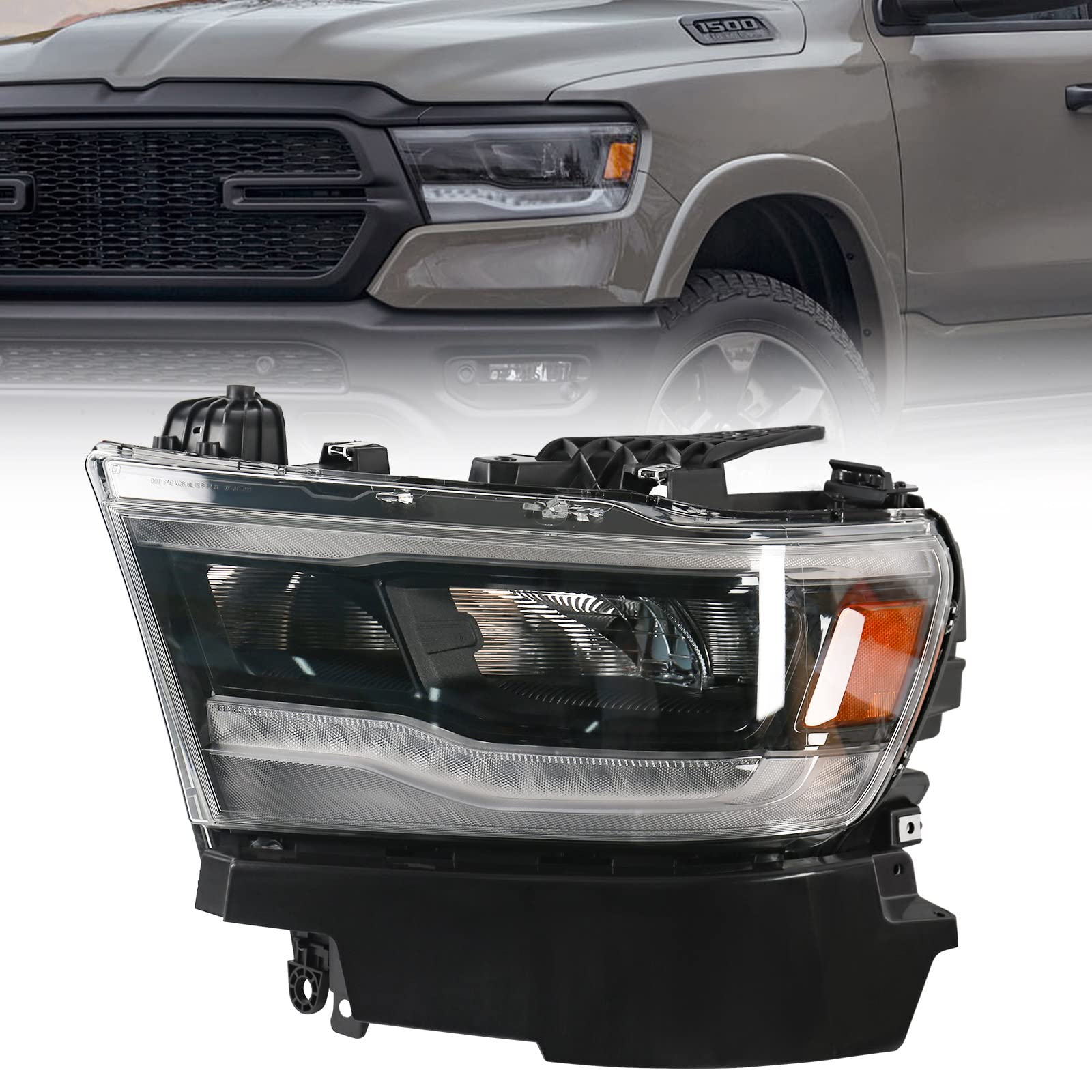 Fione Led Headlight Assembly Compatible With Dodge Ram 1500 2019-2022 Black Cover Headlamp Right Passenger Side 68533274Aa Ch2503320