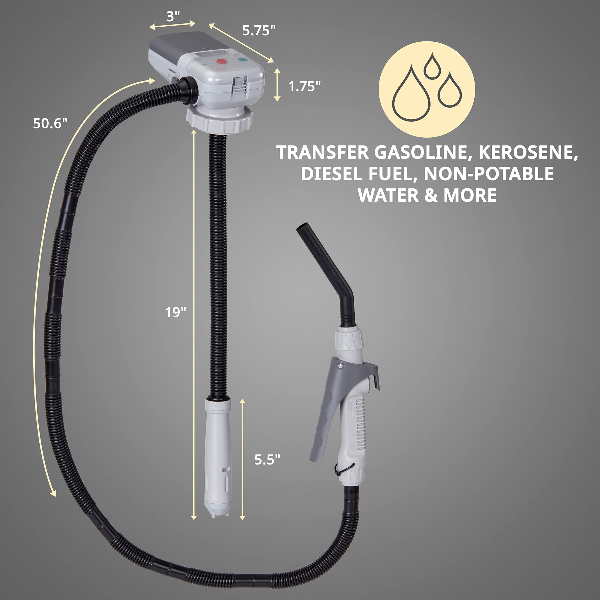 DEWAY Deway Automatic Fuel Transfer Pump with Nozzle, Extra Long Hose, Grey, Model WAYPUMP11, Fits All Gas Cans
