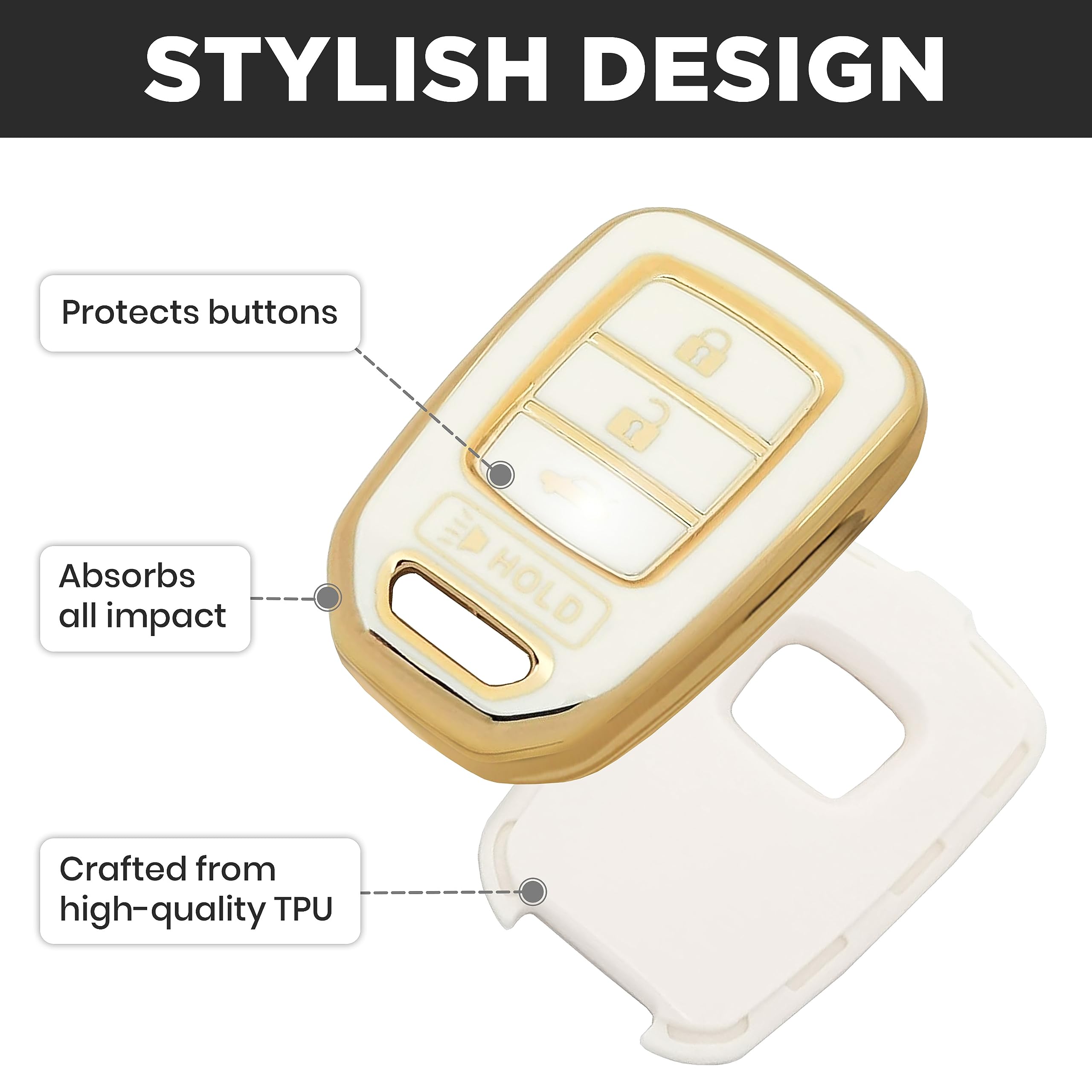 For Honda Civic Key Fob Cover And Leather Keychain - Full Cover Key Case For Honda Accord, Cr-V Se, Crv Lx, Hr-V - 2014-2022 Tpu Keyfob Cover Compatible With Mlbhlik6-1T - White And Gold