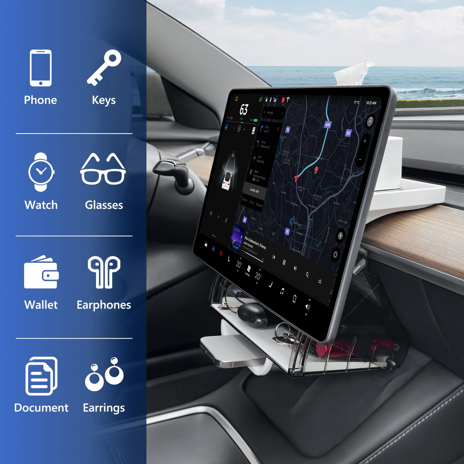 Klutchtech Model 3/Y Hideable Under Screen Storage Magnetic Center Console Organizer Behind Screen Tray Compatible With Tesla Mo