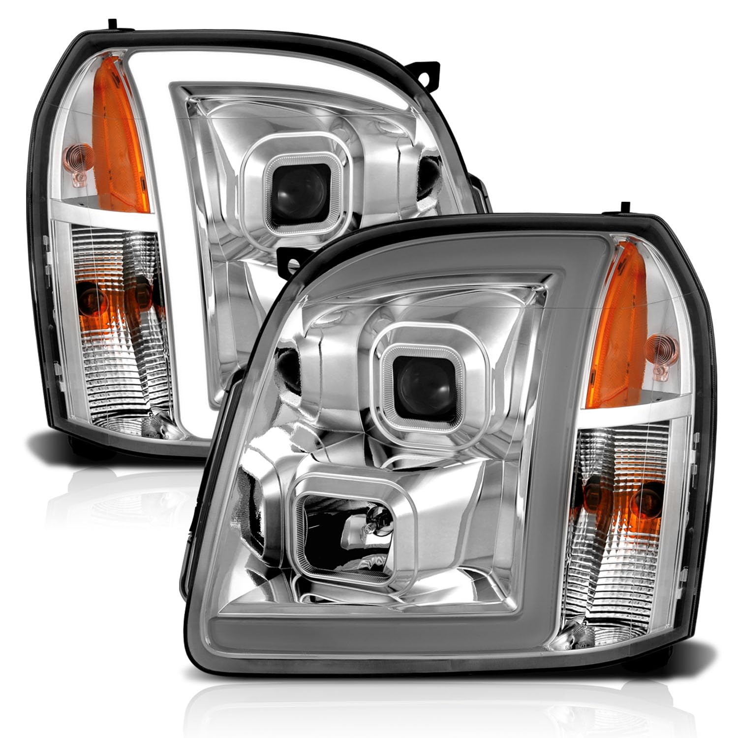 Amerilite For 2007-2014 Gmc Yukon/Yukon Xl Denali/Yukon Hybrid Chrome Led Tube Square Projector Headlights Set - Passenger And D