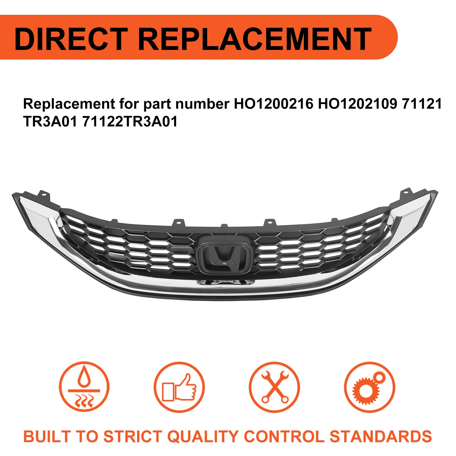 Ecotric Front Grill Compatible With 2013 2014 2015 Honda Civic Sedan Ho1200216 Ho1202109 71121Tr3A01 71122Tr3A01 Front Bumper Hood Grille W/Chrome Molding
