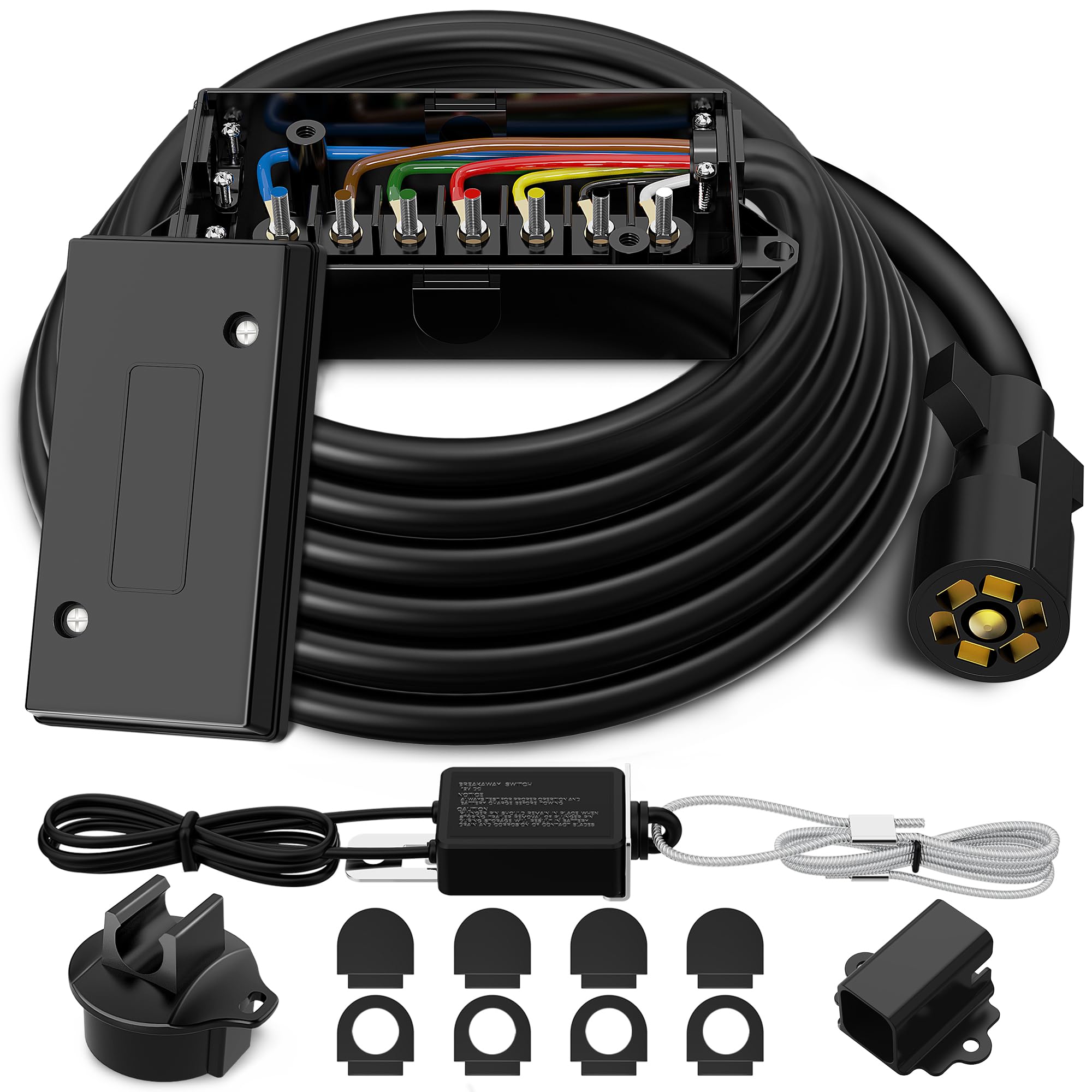 7 Pin Trailer Wiring Harness Kit 10FT, 7 Way Trailer Plug with Waterproof Junction Box & 12V Breakaway Switch,Heavy Duty 7 Way T