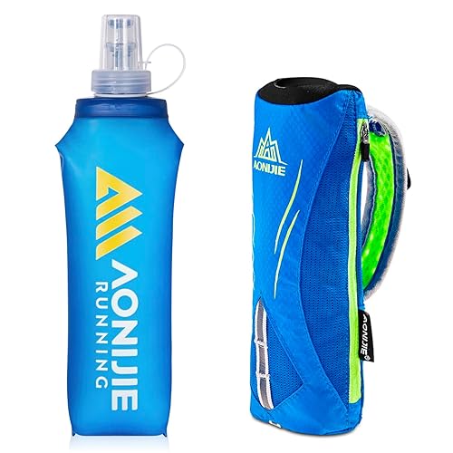 Geila Handheld Water Bottle For Running, 17 Oz Grip Handheld Bottle With Hand Strap Hydration Pack, Sport Soft Flask (Blue)