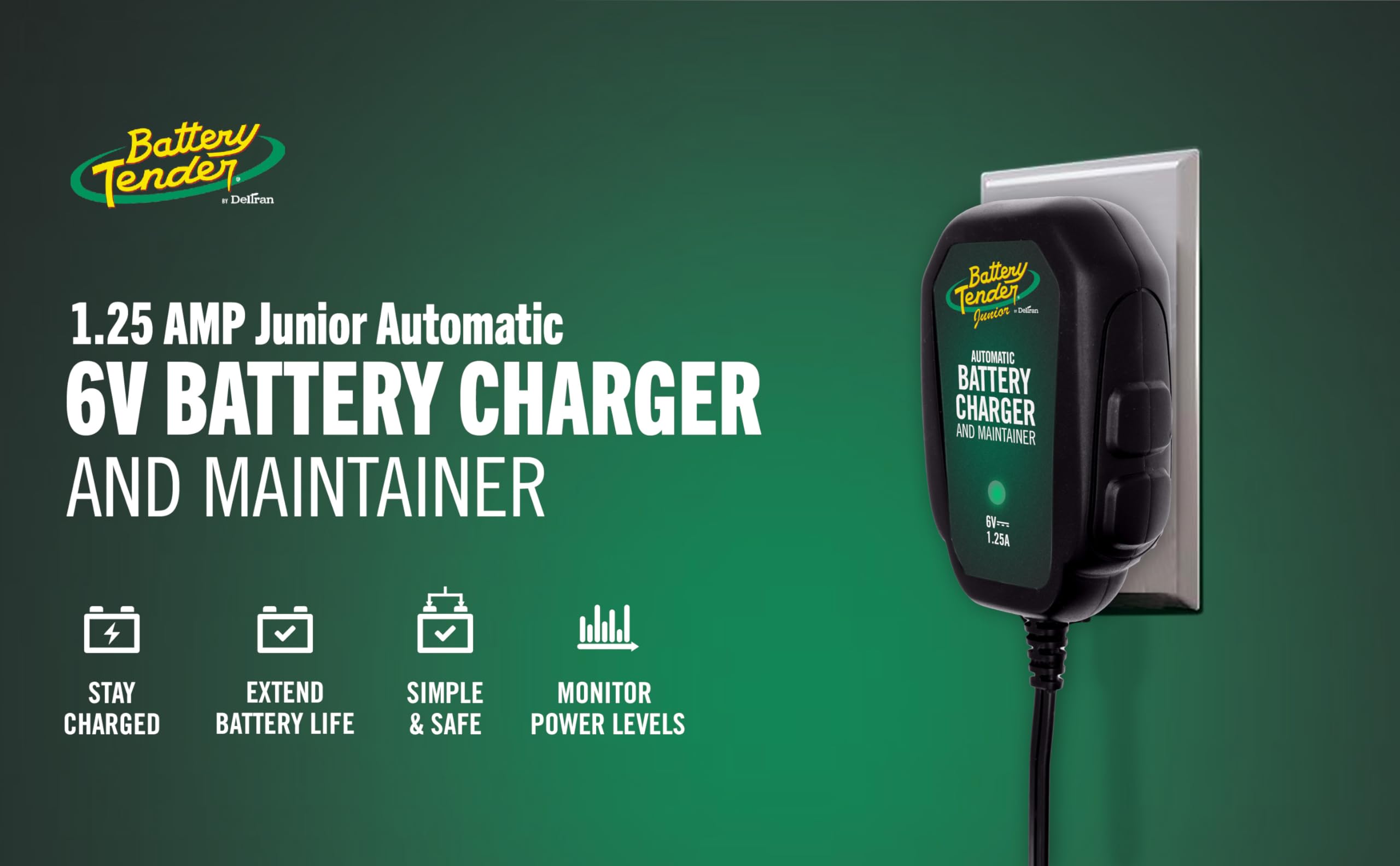 Battery Tender Junior 6V, 1.25 Amp Battery Charger And Maintainer: Fully Automatic 6V Automotive Battery Charger For Cars, Motorcycle, Atvs, And More - 022-0196
