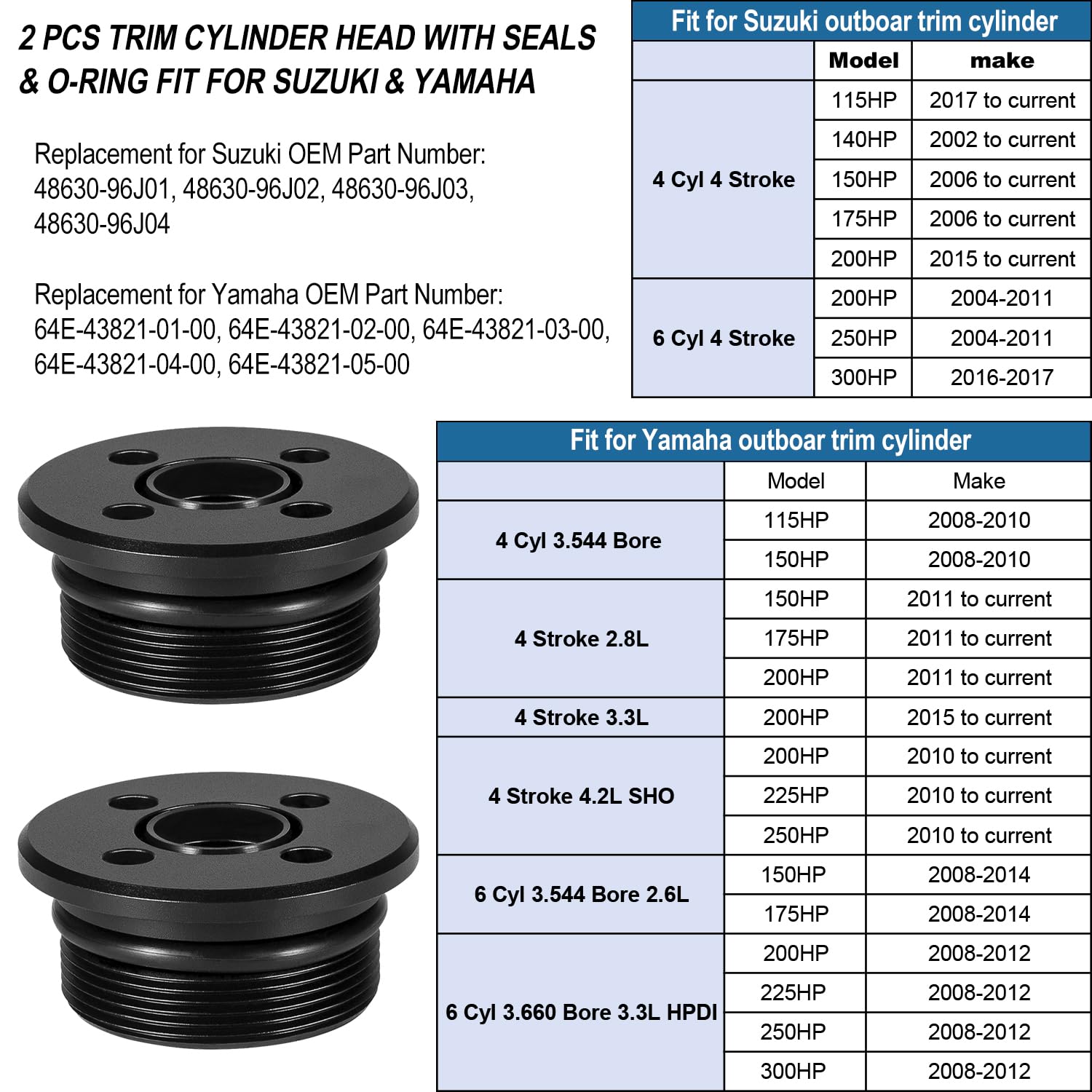 2 PCS Trim Cap Cylinder With Seals & O-ring Fit For Suzuki & Yamaha 4 Cyl 6 Cyl 2 & 4 Stroke 115-300 HP Replace For 48630-96J00