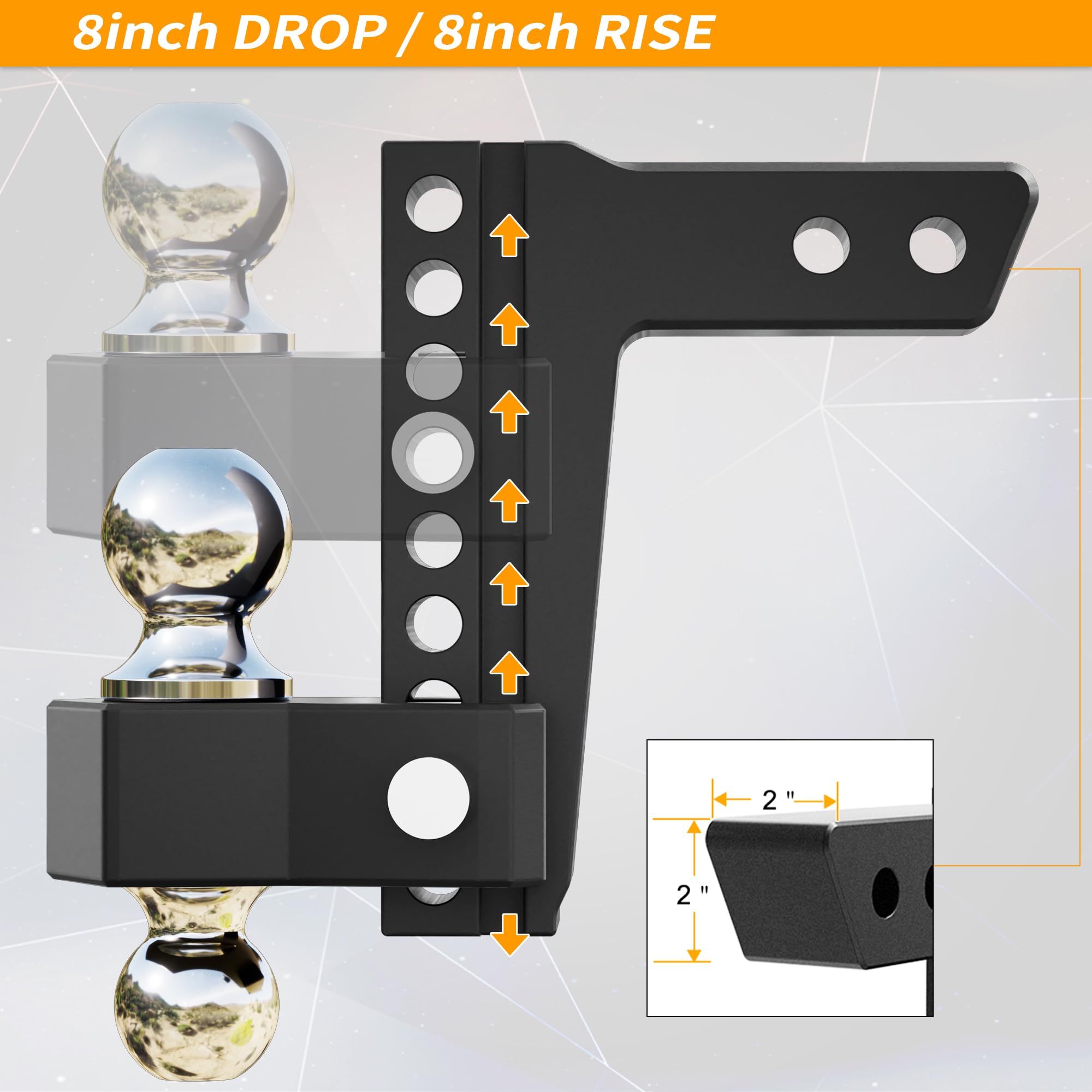 Locame Adjustable Trailer Hitch, Fits 2-Inch Receiver, 8-Inch Drop/Rise Aluminum Drop Hitch,12,500 Lbs Gtw-Tow Hitch For Heavy Duty Truck With Double Stainless Steel Locks, Black, Lc0018