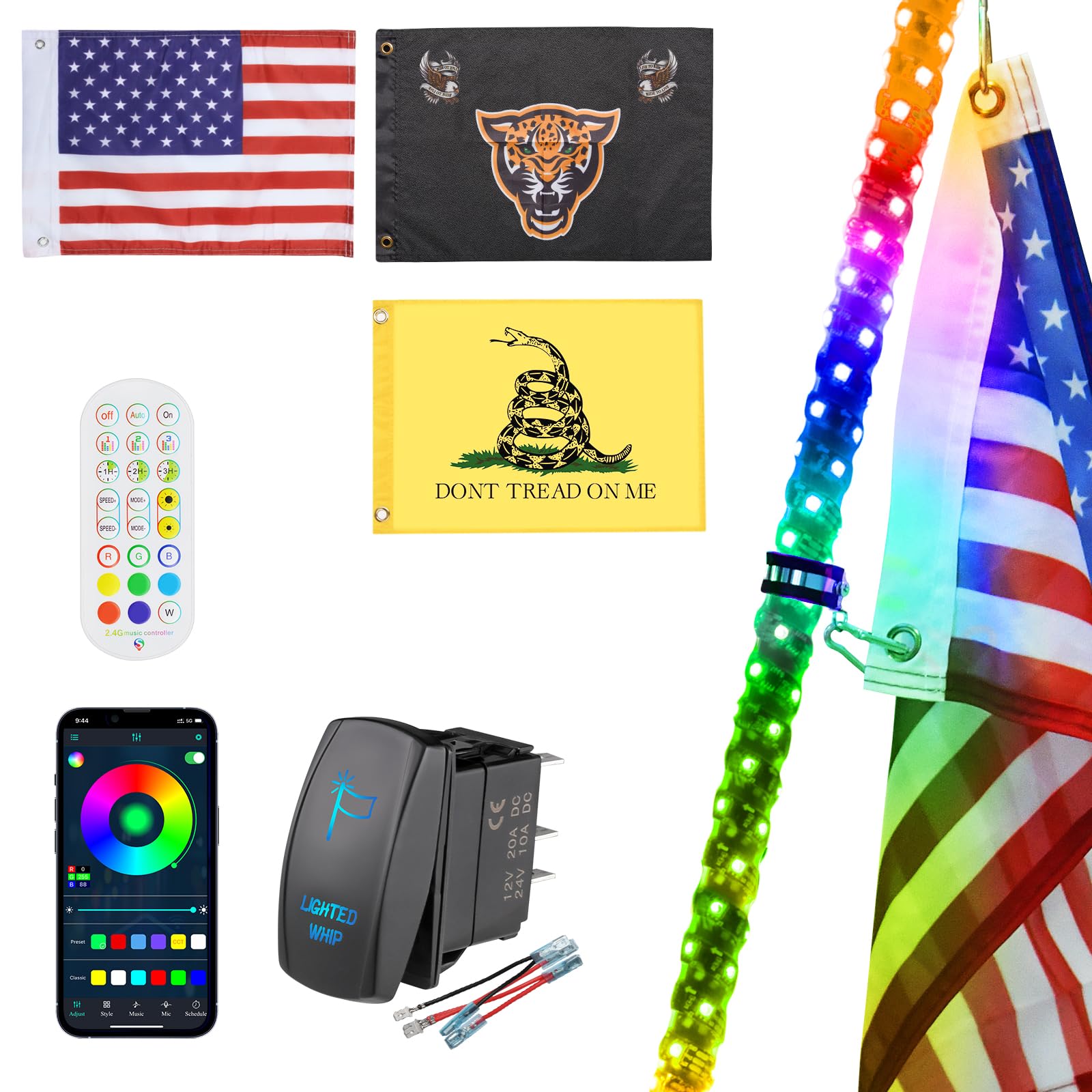 Ehaho 1 Pack 6Ft Whip Lights,Led Whip Light With App & Remote Control, Spiral Rgb Chasing Lighted Whips With Rocker Switch, Musi