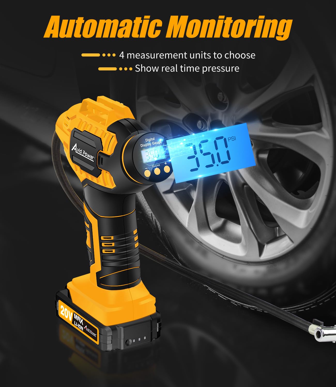 Avid Power Tire Inflator Portable Air Compressor, 20V Cordless Car Tire Pump With Rechargeable Li-Ion Battery, 12V Dc Adapter, D