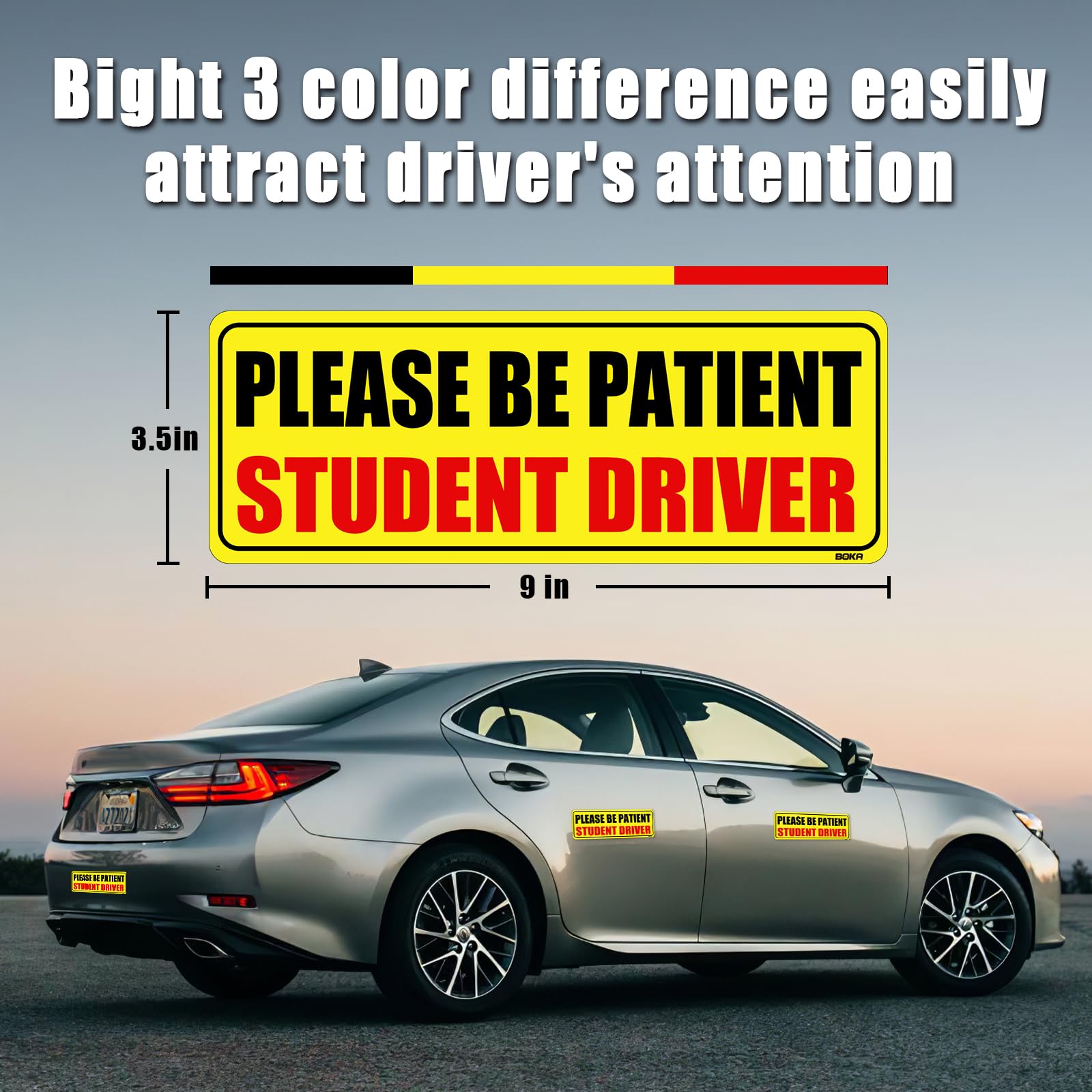 BOKA Student Driver Magnet for Car, 9''x3.5'' Upgraded Please Be Patient New Driver Safety Signs, Teen Rookie Novice Driver Vehi
