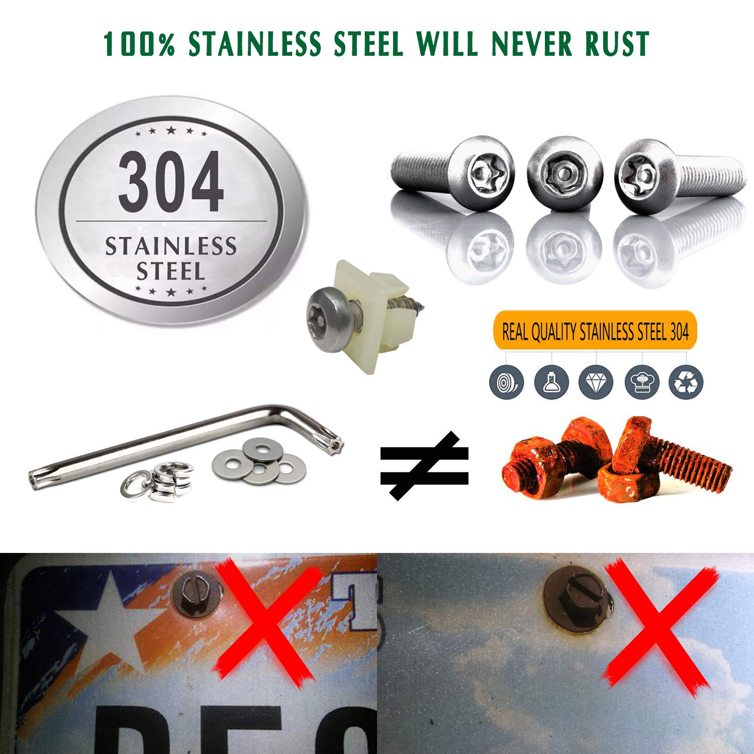 Bggtmo License Plate Screws Anti Theft -Stainless Steel Tamper Resistant Locking Front Rear Car Tag Frame Bolts Set,1/4 Metric M