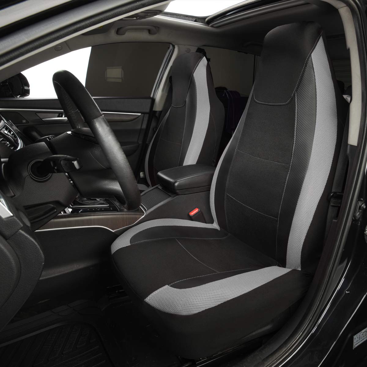 Flying Banner Car Seat Covers Quality Carbon Fiber Faux Leather Mesh Fabric Sport Low High Back Bucket Back Pocket Arm Rest Car Suv Truck Pick Up (2 Fronts - High Bucket, Gray)