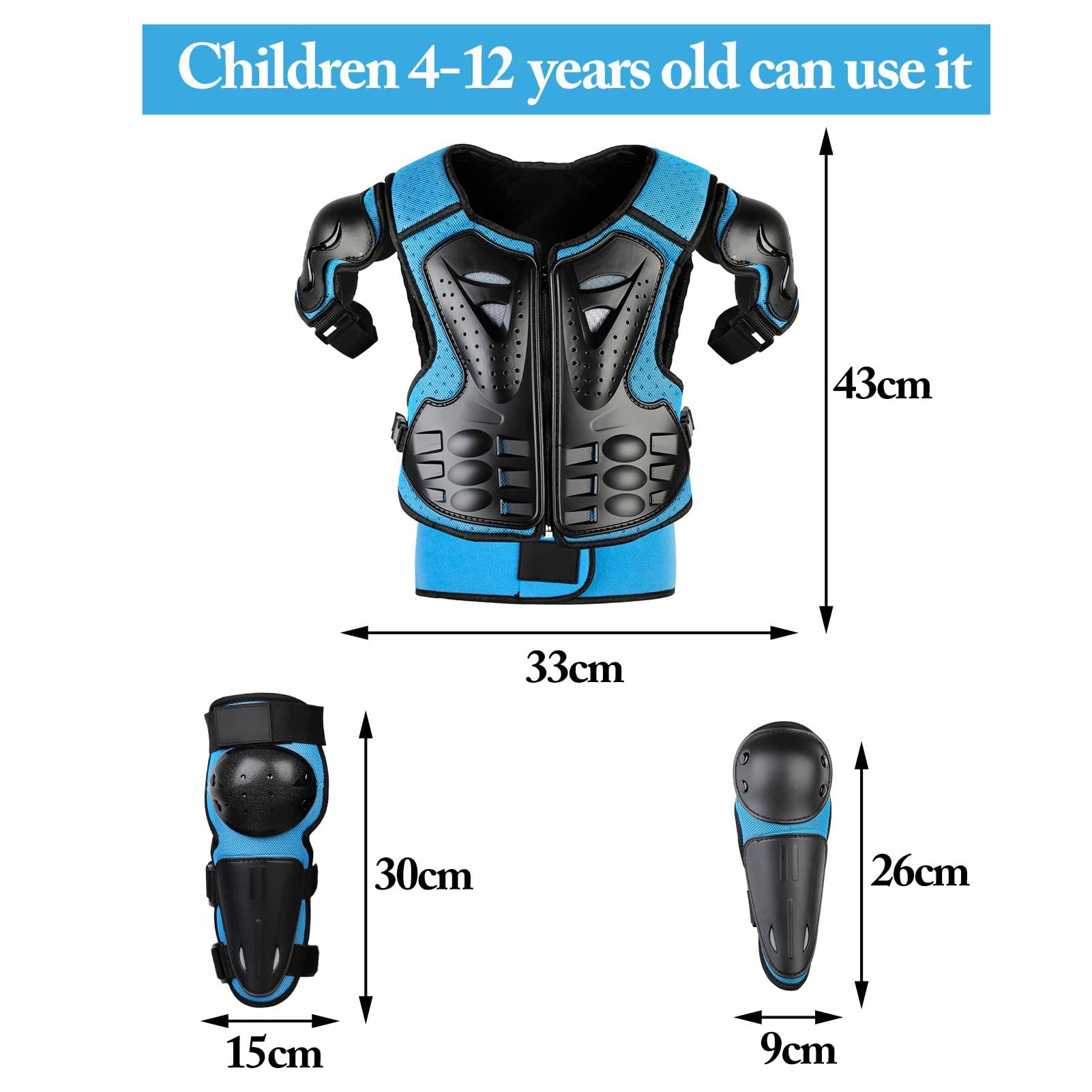 JUSTDOLIFE Youth Dirt Bike Gear Set - 5 PCS Motorcycle Armor with Knee & Elbow Pads, Chest Protector, For Ages 4-12, Blue, Model FJBB28P315