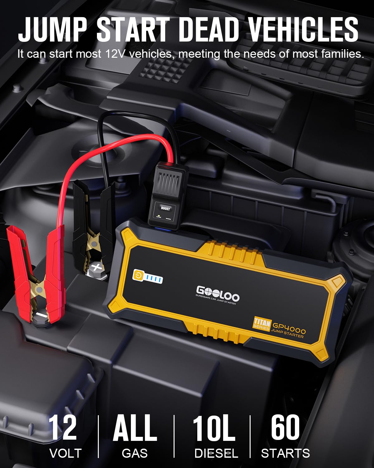 GOOLOO GP4000 Jump Starter 4000A Peak for Gas & Diesel Engines, SuperSafe 12V Lithium Battery Booster, Portable Power Bank, Yellow