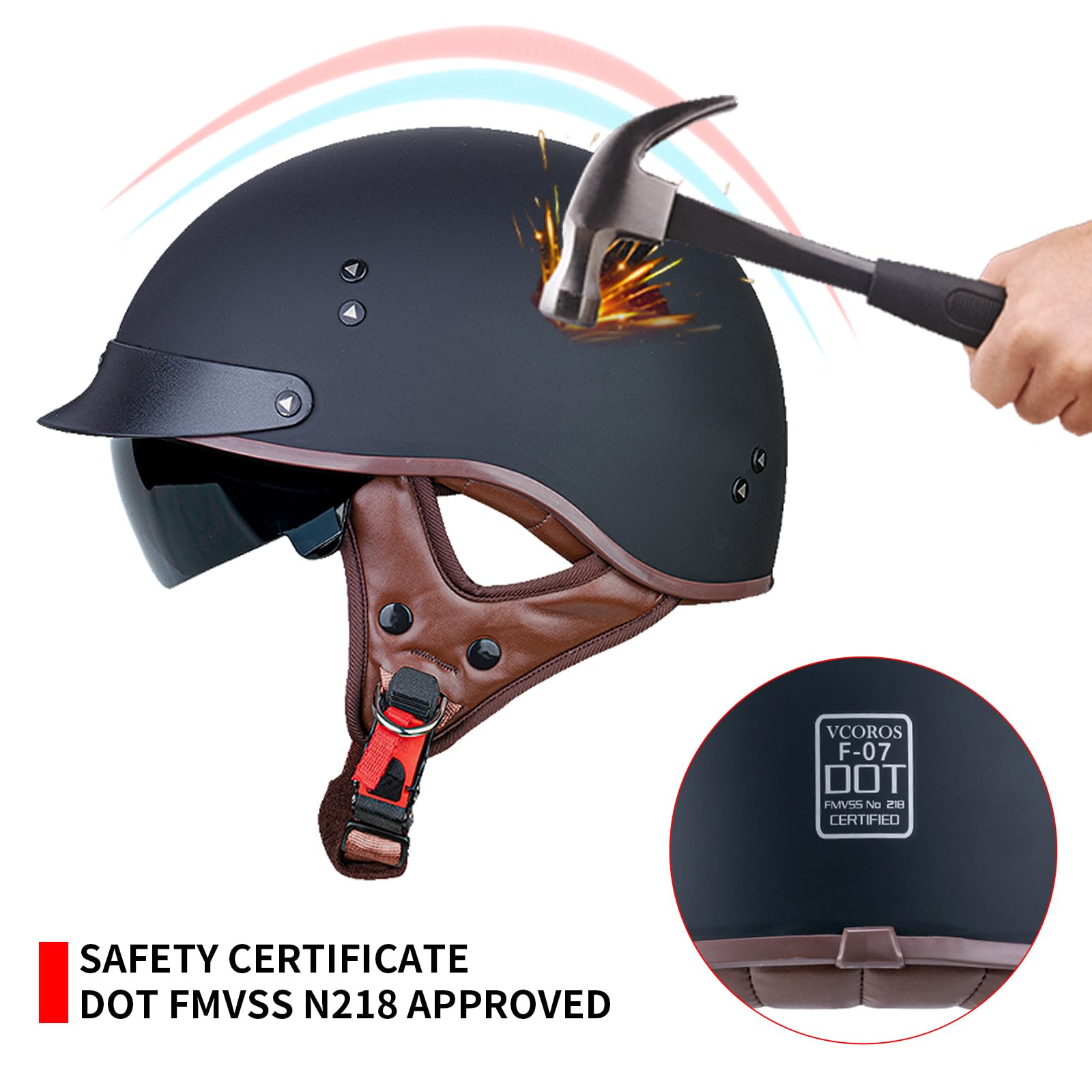 Half Motorcycle Helmets Open Face Sun Visor Quick Release Buckle Dot Approved Cruiser Pilot Helmets For Adults Men Women(F07A Matte Black,L)