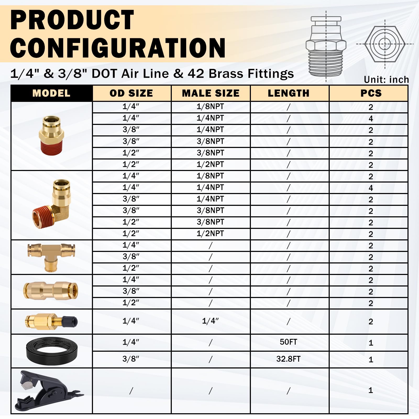 Cheemuii 43 Pcs Brass Dot Air Line Fittings With 50Ft 1/4 '' & 32.8Ft 3/8 '' Dot Air Hose Kit - 1/4, 3/8, 1/2 Push To Connect Np