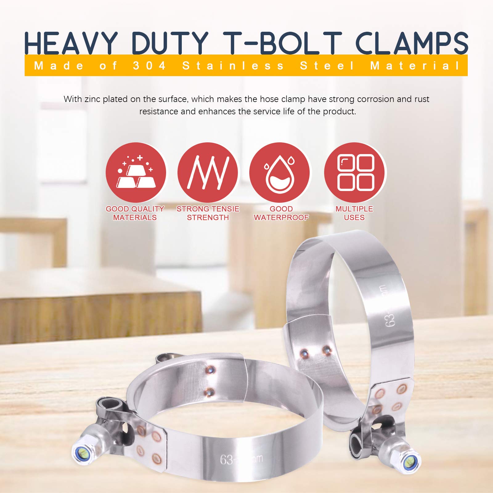 Hilitchi 5Pcs Stainless Steel T-Bolt Clamps With Rounded Band Edges Heavy Duty Turbo Intake Intercooler Clamp (63-71Mm) For 2 1/4 Inch