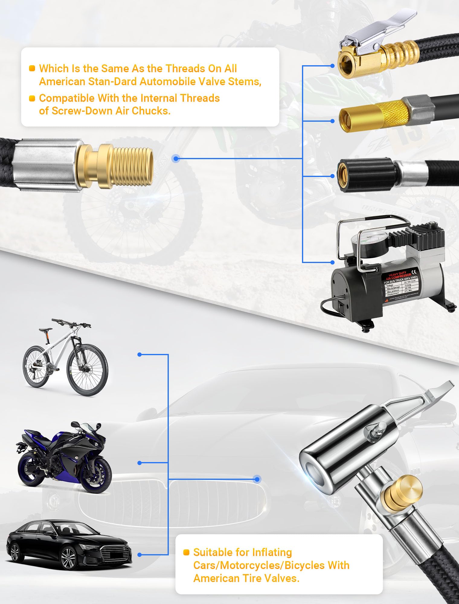 Lumiteco 20 Inch Tire Inflator Hose Adapter, Car Air Hose Self-Locking Air Chuck W/Tire Schrader Valve Fine Thread & Presta Valv