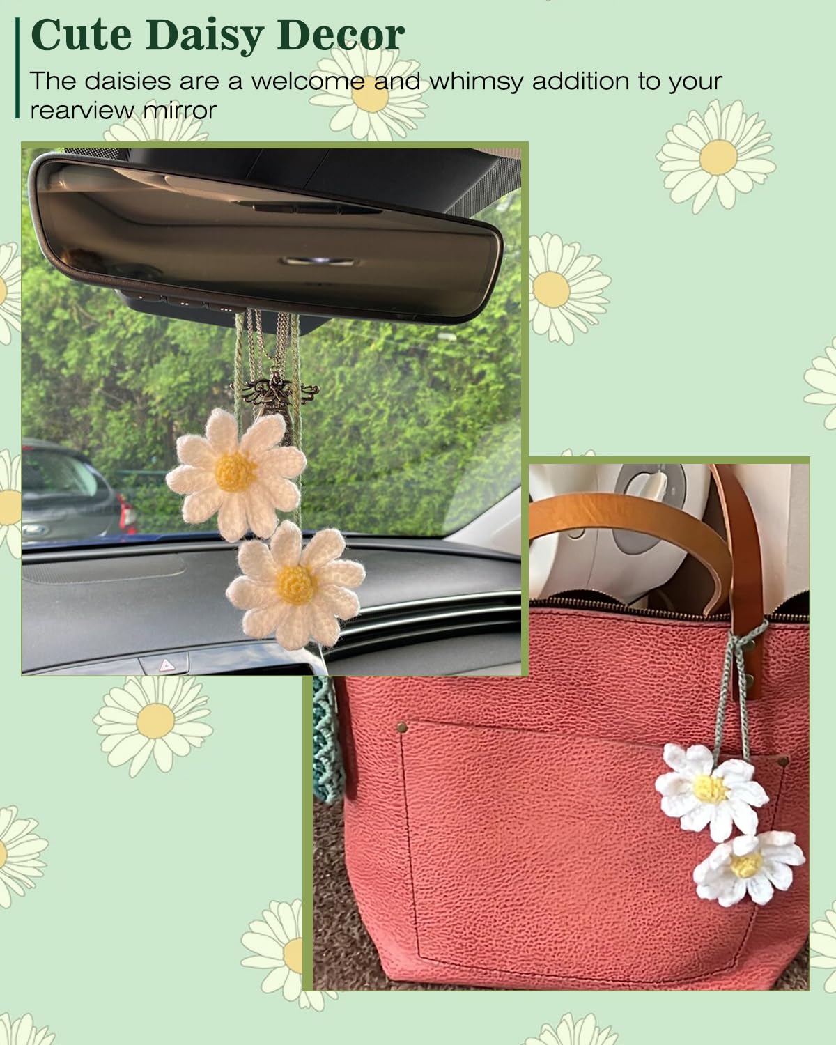 Crochet Daisy Car Accessories for Women Girls Cute Rear View Mirror Hanging Charms Handmade Daisy Flower Gifts for Crochet Lover