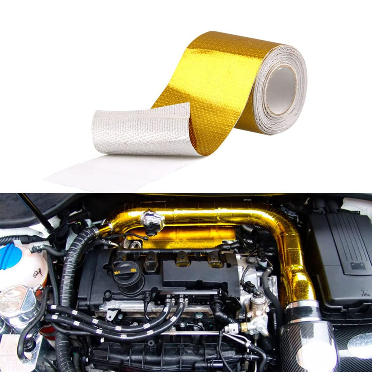 Sporacingrts 2'' x 29.5 feet (9M) Gold Adhesive Heat Shield ReflectiveTape Wrap Roll Compatible with Car Intake Pipe, Engine Bay