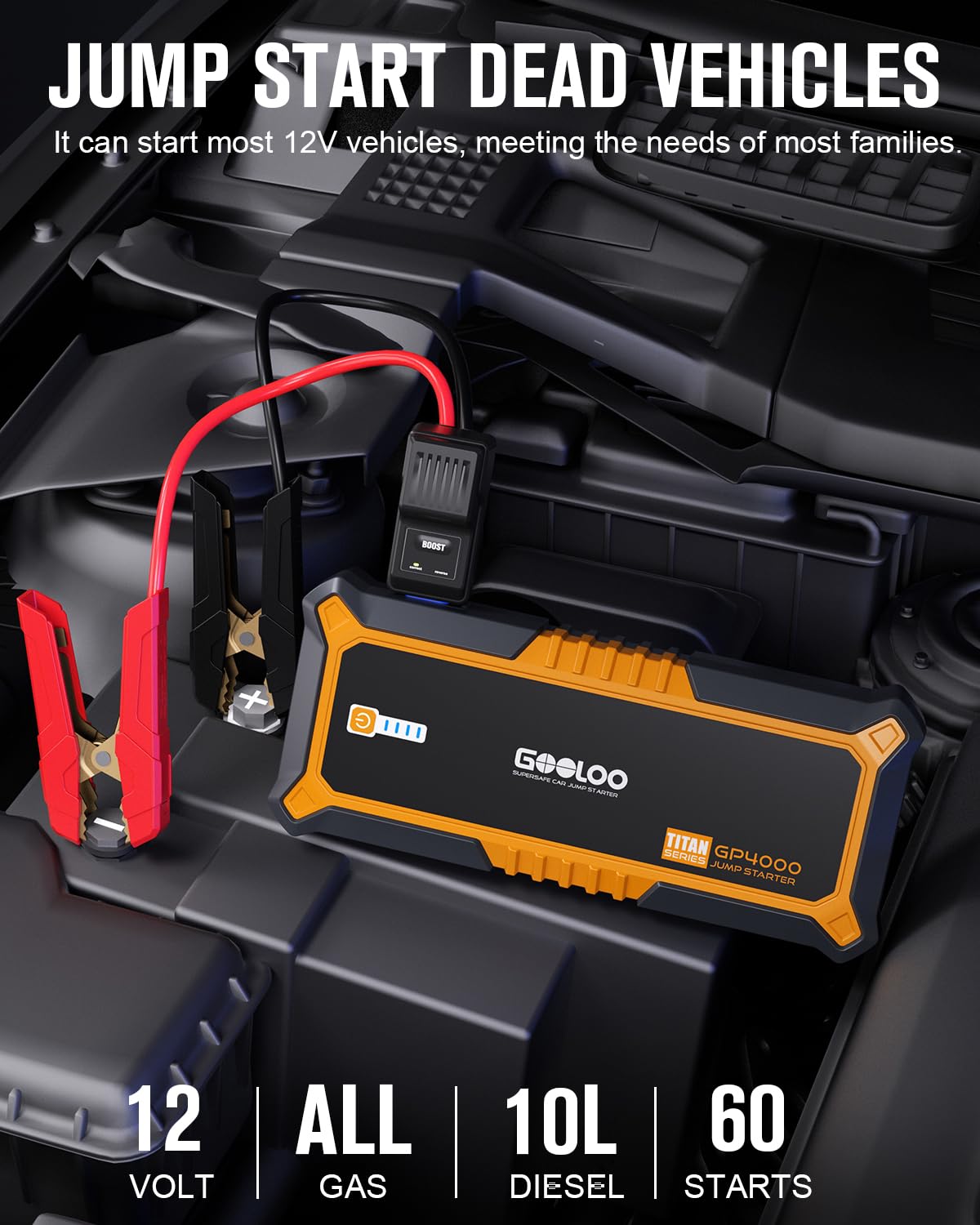 Gooloo 4000A Peak Car Jump Starter 12V Auto Battery Booster Supersafe Lithium Jump Box For All Gas, Up To 10.0L Diesel Engine, Portable Power Pack With Usb Quick Charge And Type C Port, Orange