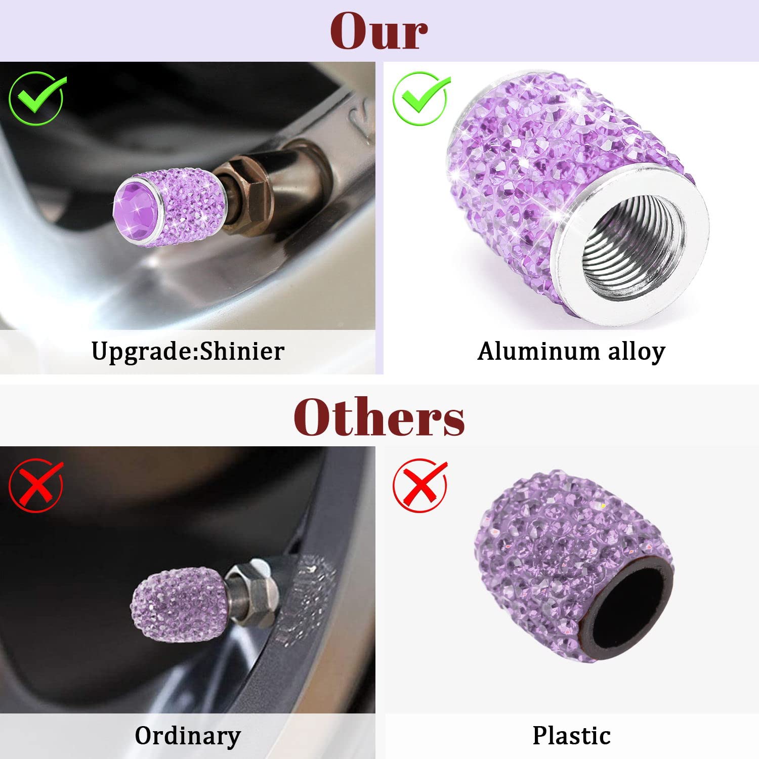 ToBeQueen Bling Purple Tire Valve Caps, 4 Pack Handmade Crystal Rhinestone Valve Stem Covers, Universal Dustproof Car Accessorie