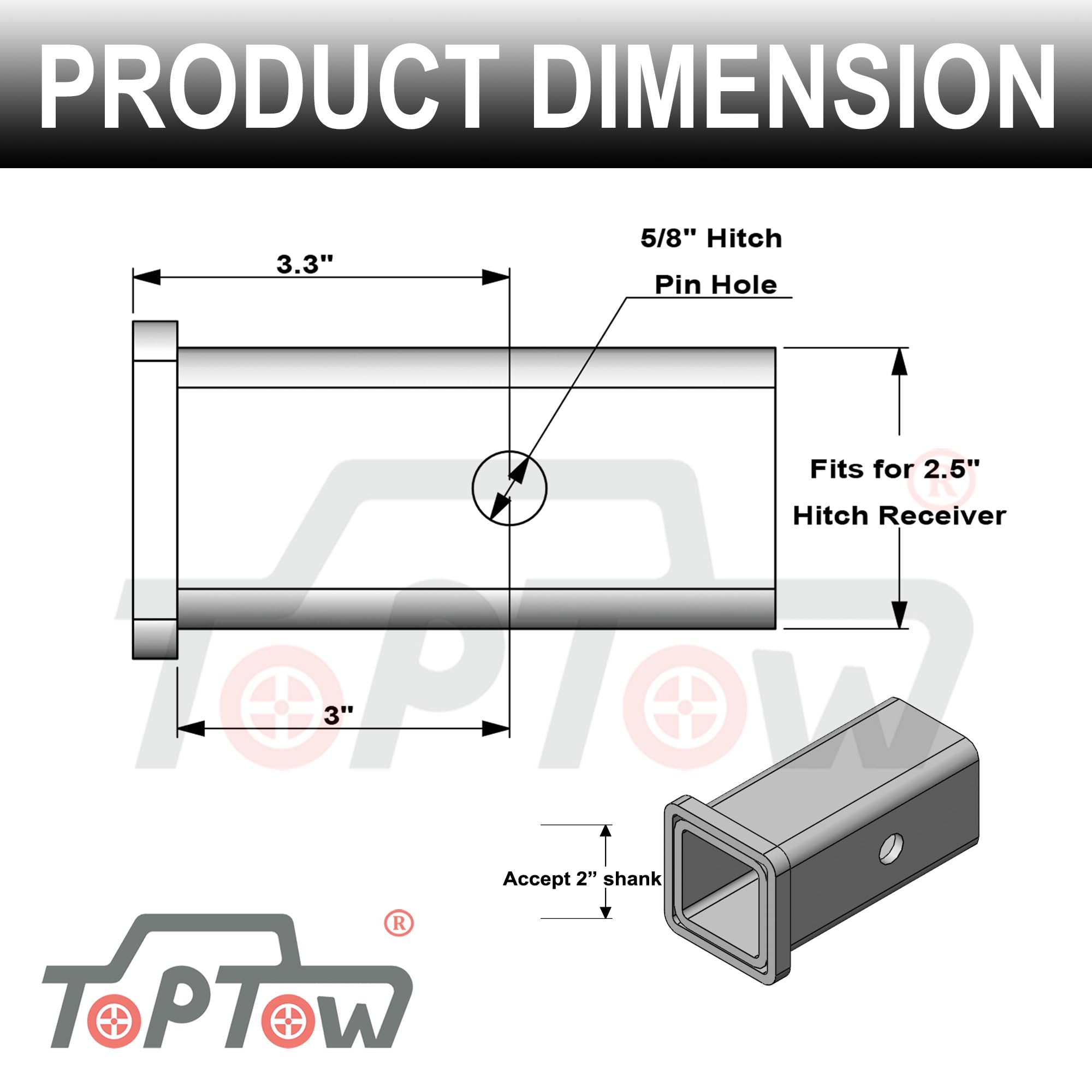 Toptow 64028Hp Trailer Hitch Adapter 2-1/2'' To 2'' Hitch Reducer Sleeve Carbon Steel, 5/8 Inch Pin & Clip Included