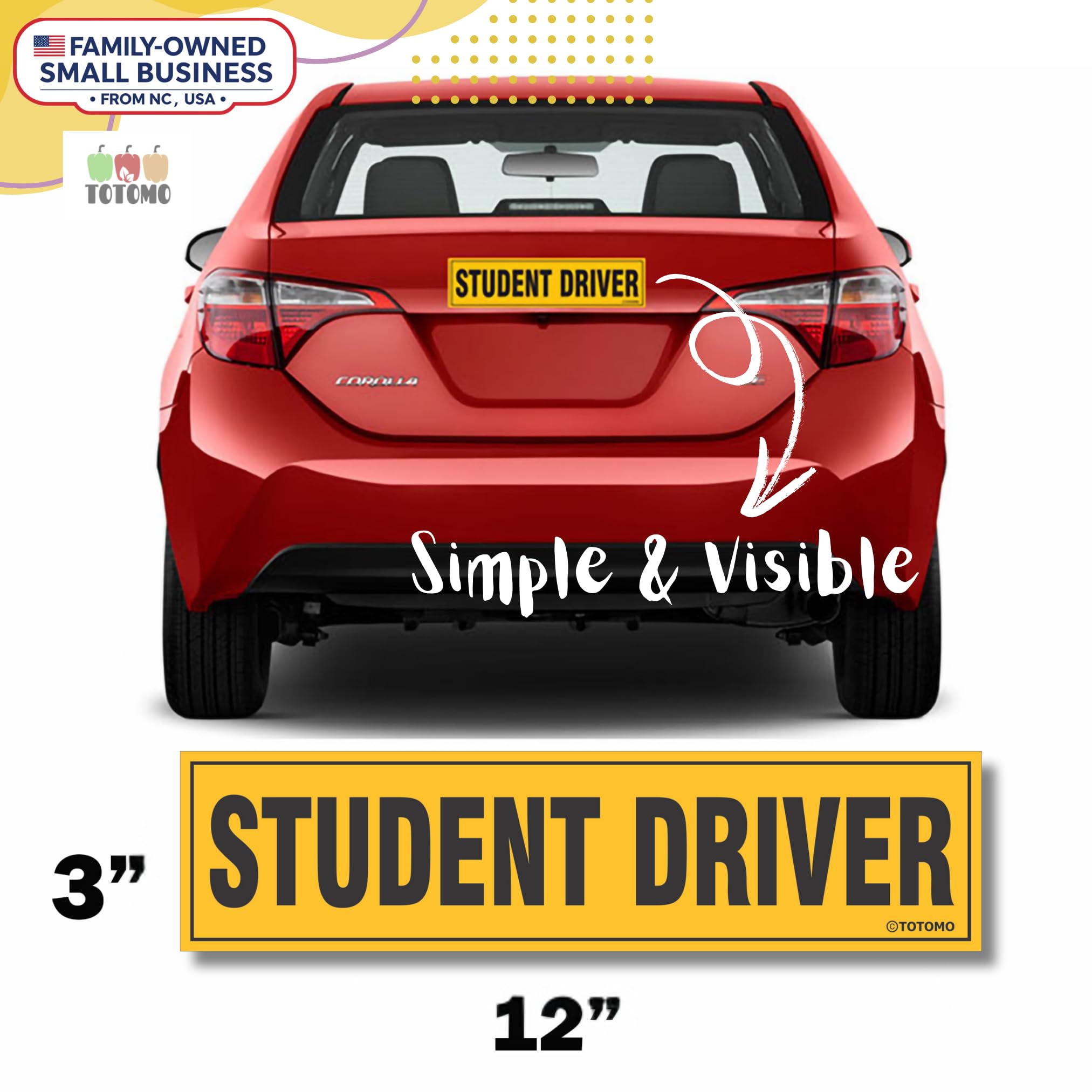 TOTOMO Student Driver Magnet for Car - Large 12''x3'' Magnetic Reflective Vehicle Safety Sign for New Rookie Learner Drivers Rem