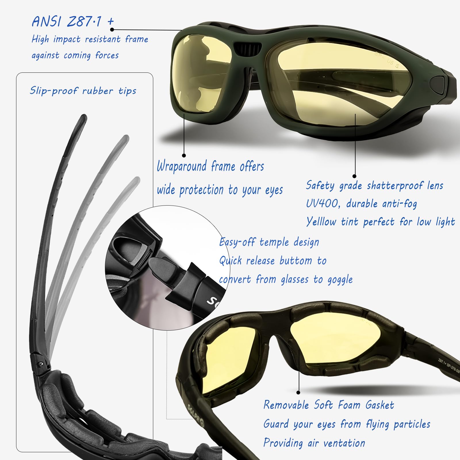 Protective Powersports Anti-Fog Safety Motorcycle Riding Sunglasses Goggle, Foam padded, Dustproof, Windproof, Hunting, Hiking,