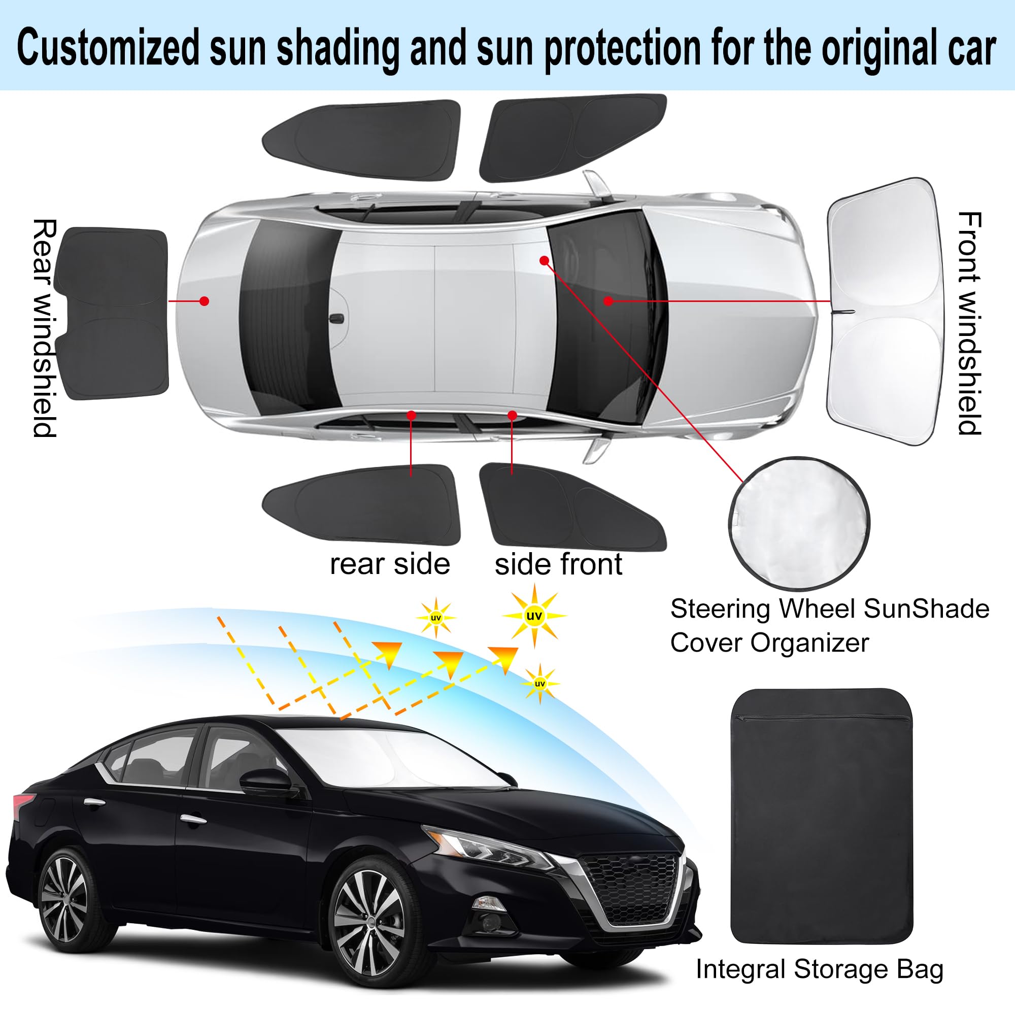 TINGLU 6PCS Window Shades for Nissan Altima 2019-2025, Black Polyester Sun UV Protection, Triangular Windshield Cover