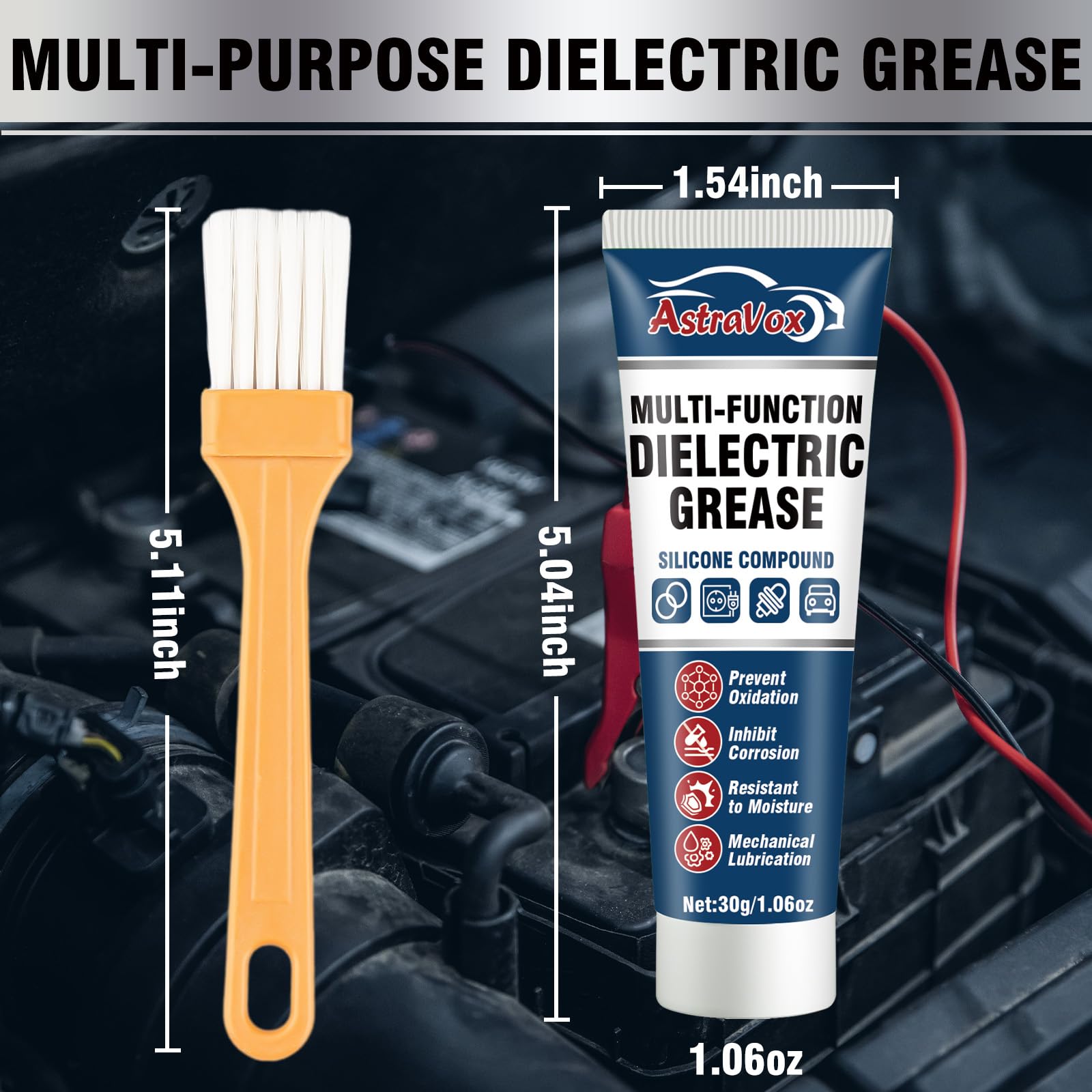 AstraVox Silicone Dielectric Grease for Electrical Connectors Automotive, Dialectric Grease with a Brush, Spark Plug, O Rings, M