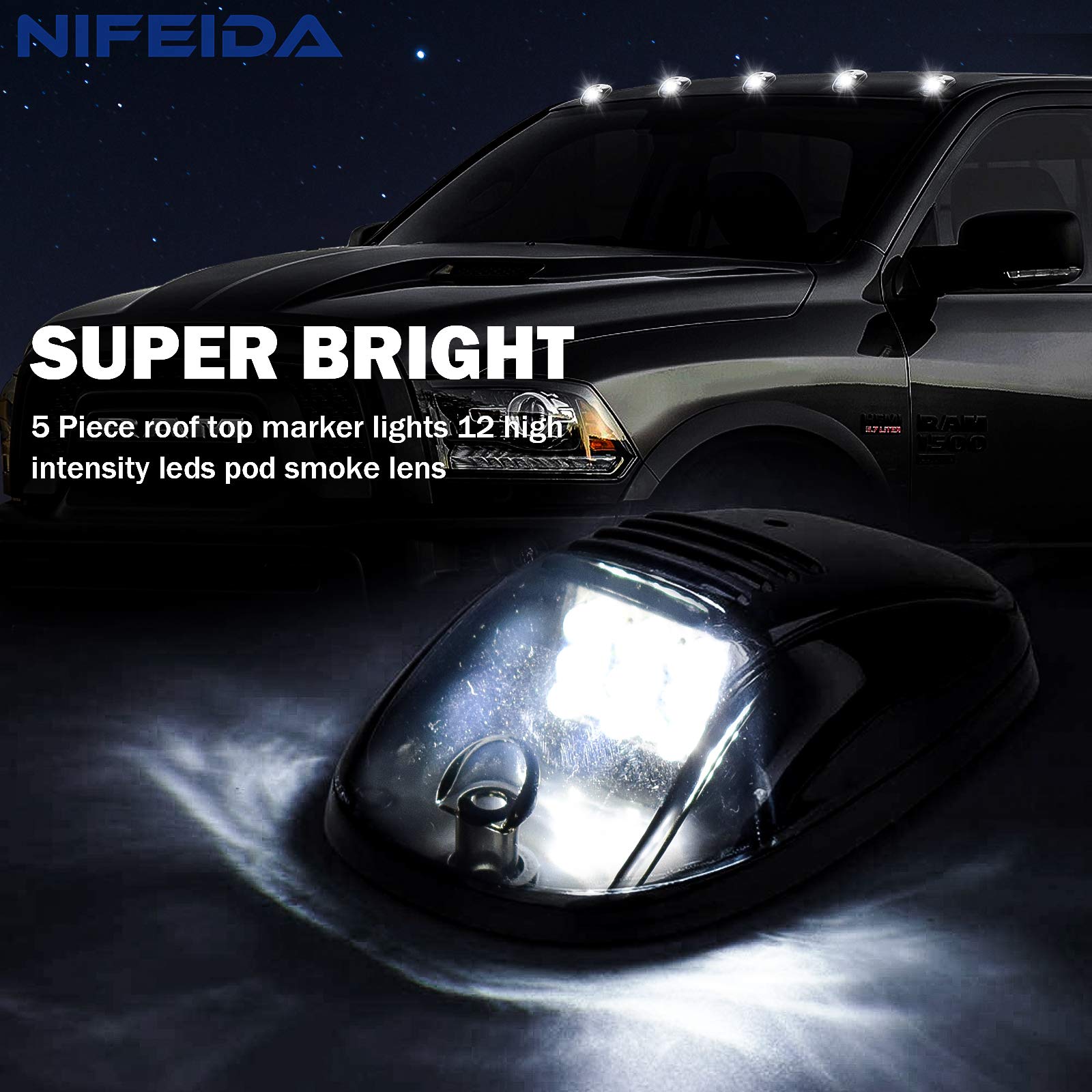 Nifeida Smoke Cab Marker Lights, Upgrade 12Led White Cab Roof Top Clearance Running Light Replacement For 2003-2018 Dodge Ram 15