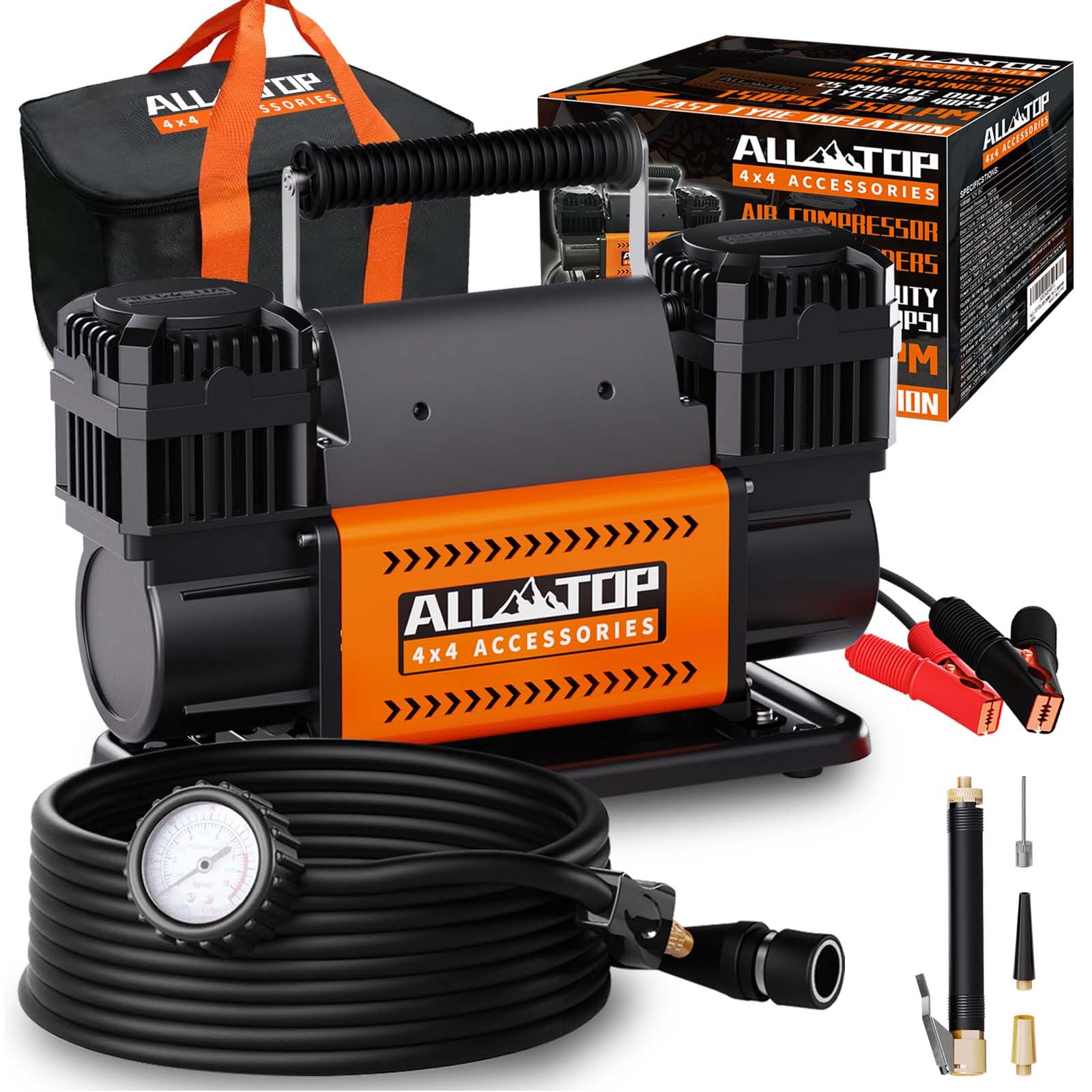 All-Top Air Compressor Kit, Dual Cylinder 12V Portable Inflator 12.35 Ft³/Min, Offroad Air Compressor Pump For Truck Tires, Heavy Duty Max 150 Psi For 4X4 Vehicle & Rv