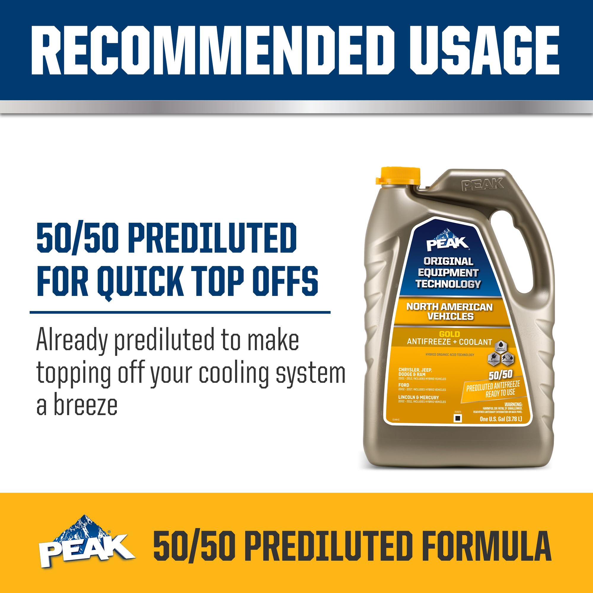 Peak Oet Extended Life Gold 50/50 Prediluted Antifreeze/Coolant For North American Vehicles, 1 Gal.