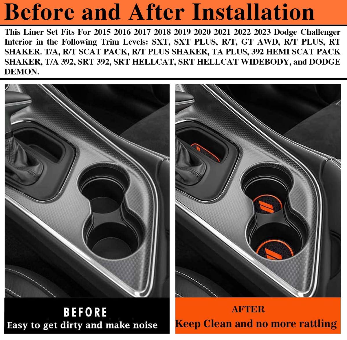 Auprite Non-Slip Anti Dust Mats For Dodge Challenger Accessories 2015-2022, Custom Cup Holder Liners Mats Door Pocket Center Console Liners (Orange/11Pcs)