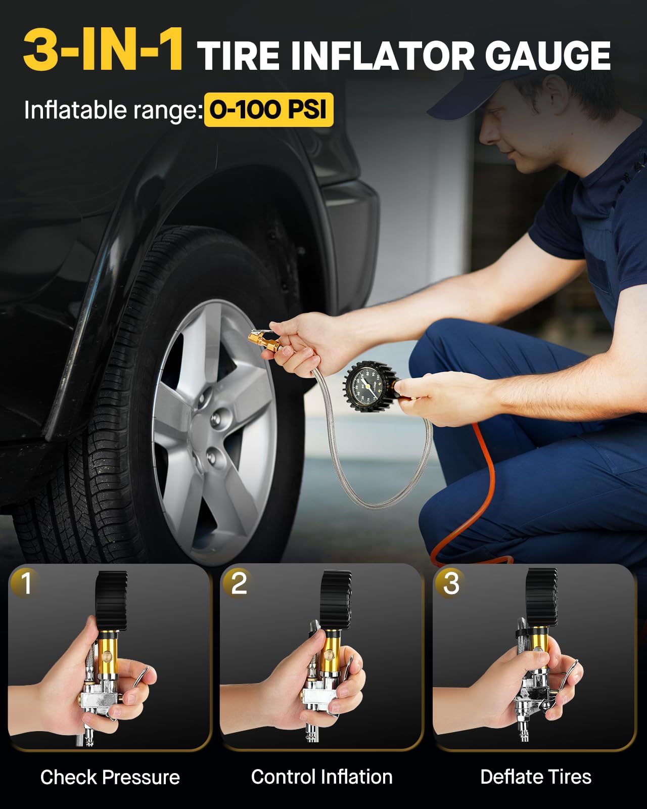 Vondior Tire Inflator With Pressure Gauge(0-100 Psi) - Ansi B40.1 Accurate, Large 2'' Glow Dial, Premium Braided Hose, Durable R