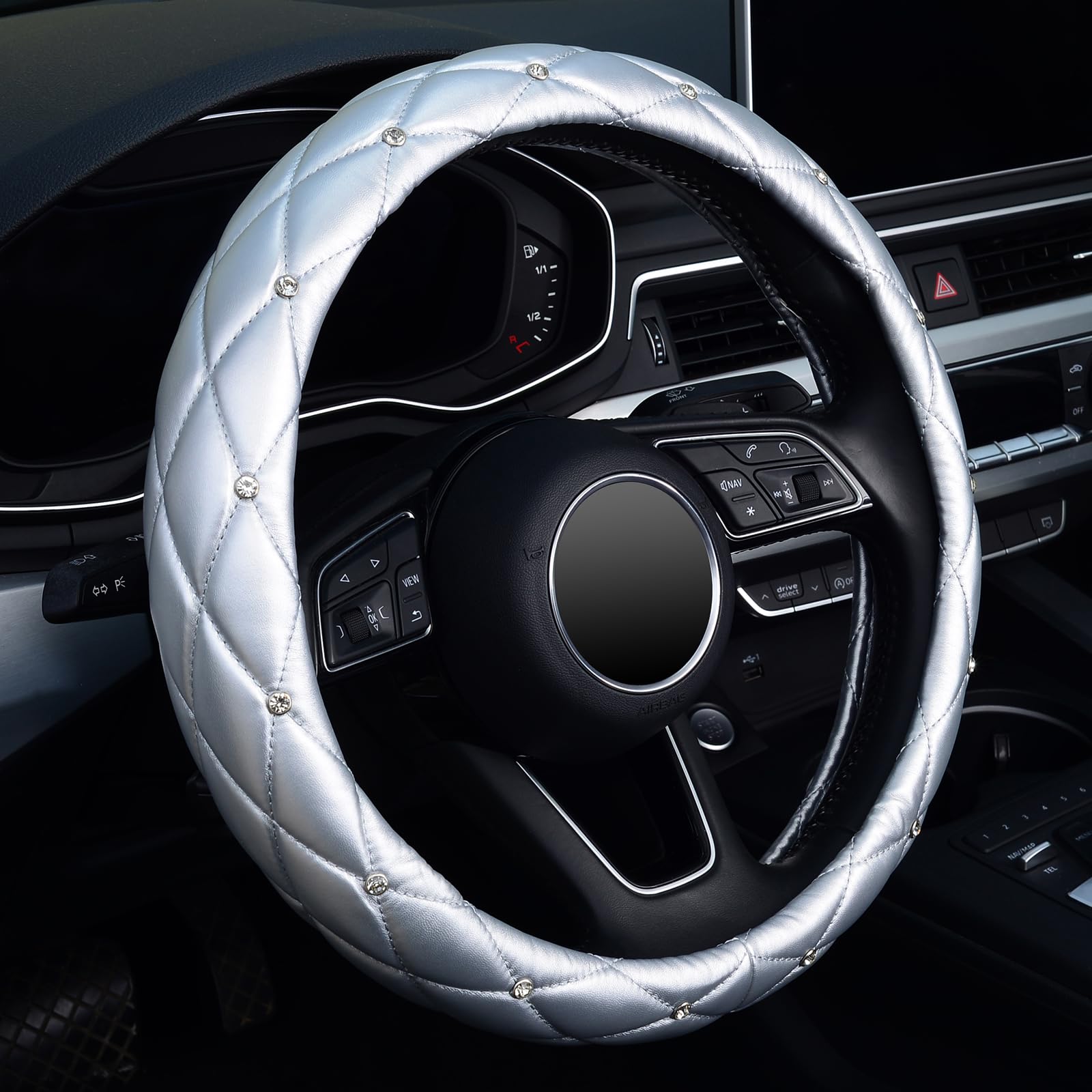 Kafeek Diamond Soft Leather Steering Wheel Cover With Bling Bling Crystal Rhinestones, Universal 15 Inch, Silver