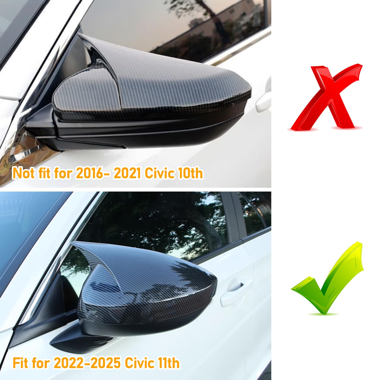 Moonlinks Compatible With 2022 2023 2024 2025 Honda Civic Side Ox Horn Mirror Cover Sticker, Carbon Fiber Lh & Rh Side Door Exte