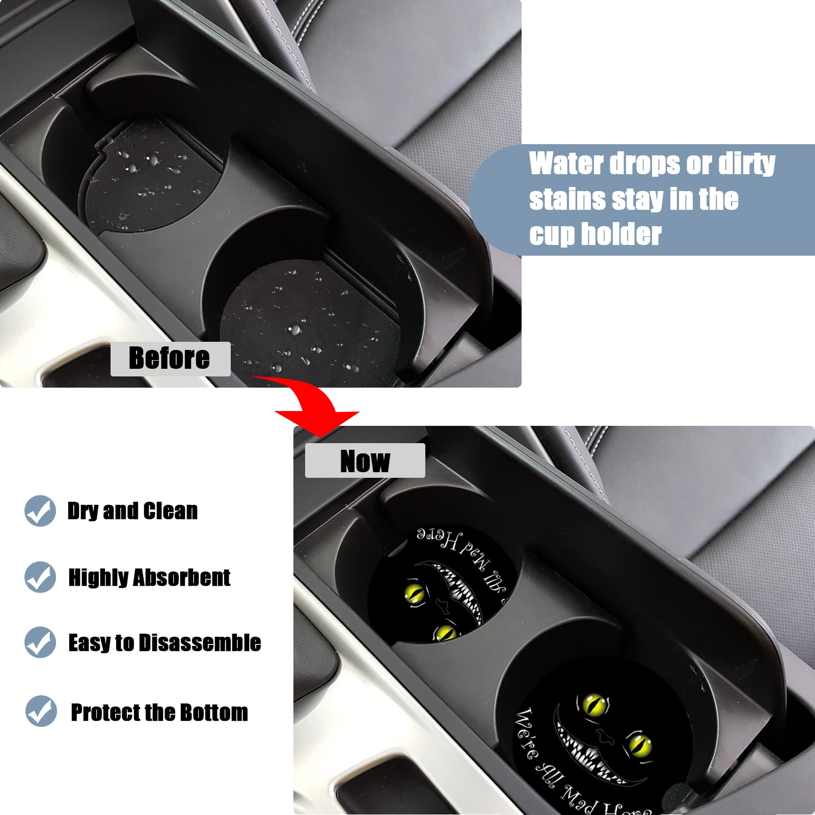 Car Cup Holder Coaster - Funny Black Cat Absorbent Ceramic Coaster, Car Coasters for Cup Holders, Auto Accessories for Women & M