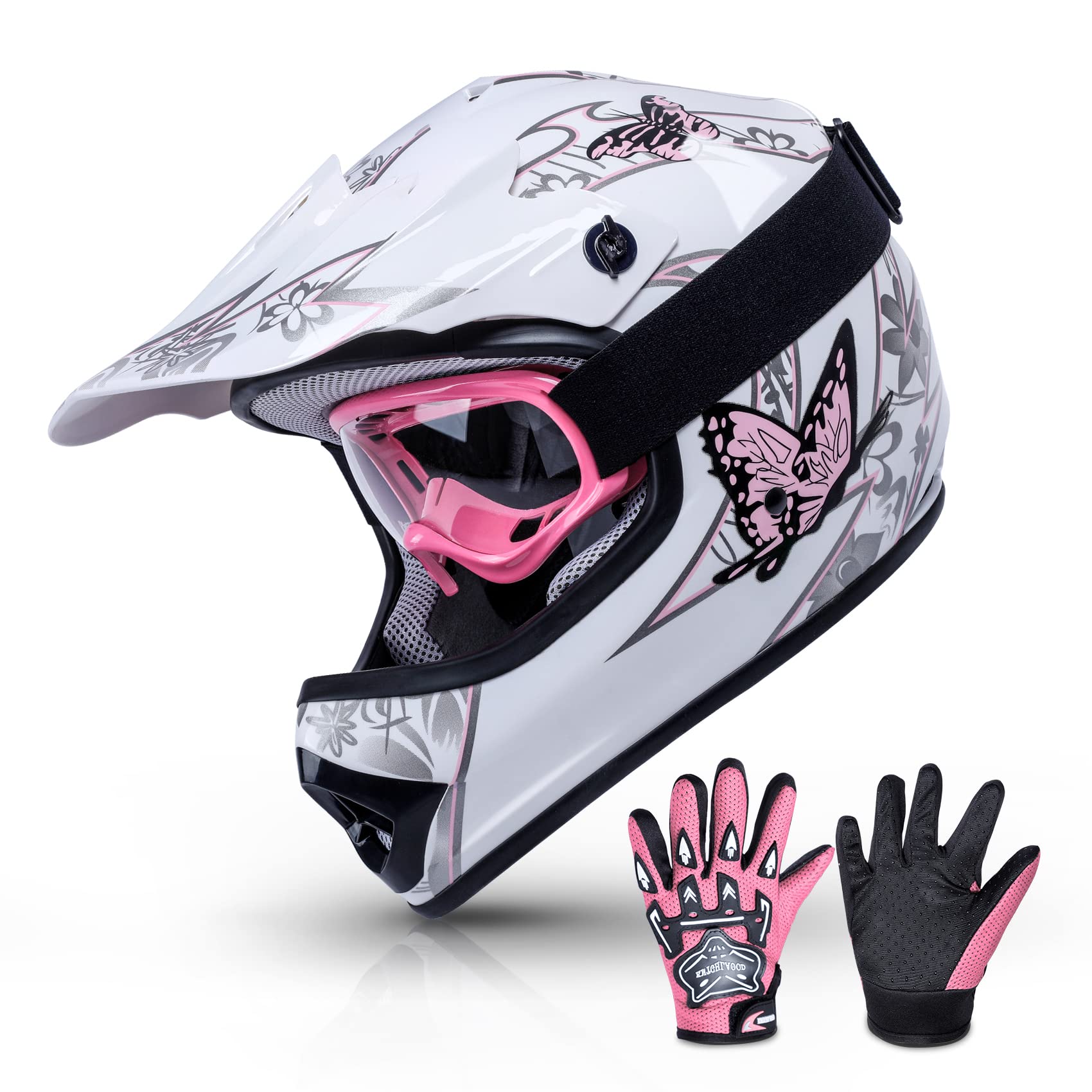 Tcmt Dot Youth & Kids Motocross Offroad Street Helmet Pink Butterfly Motorcycle Youth Helmet Dirt Bike Motocross Atv Helmet+Gogg