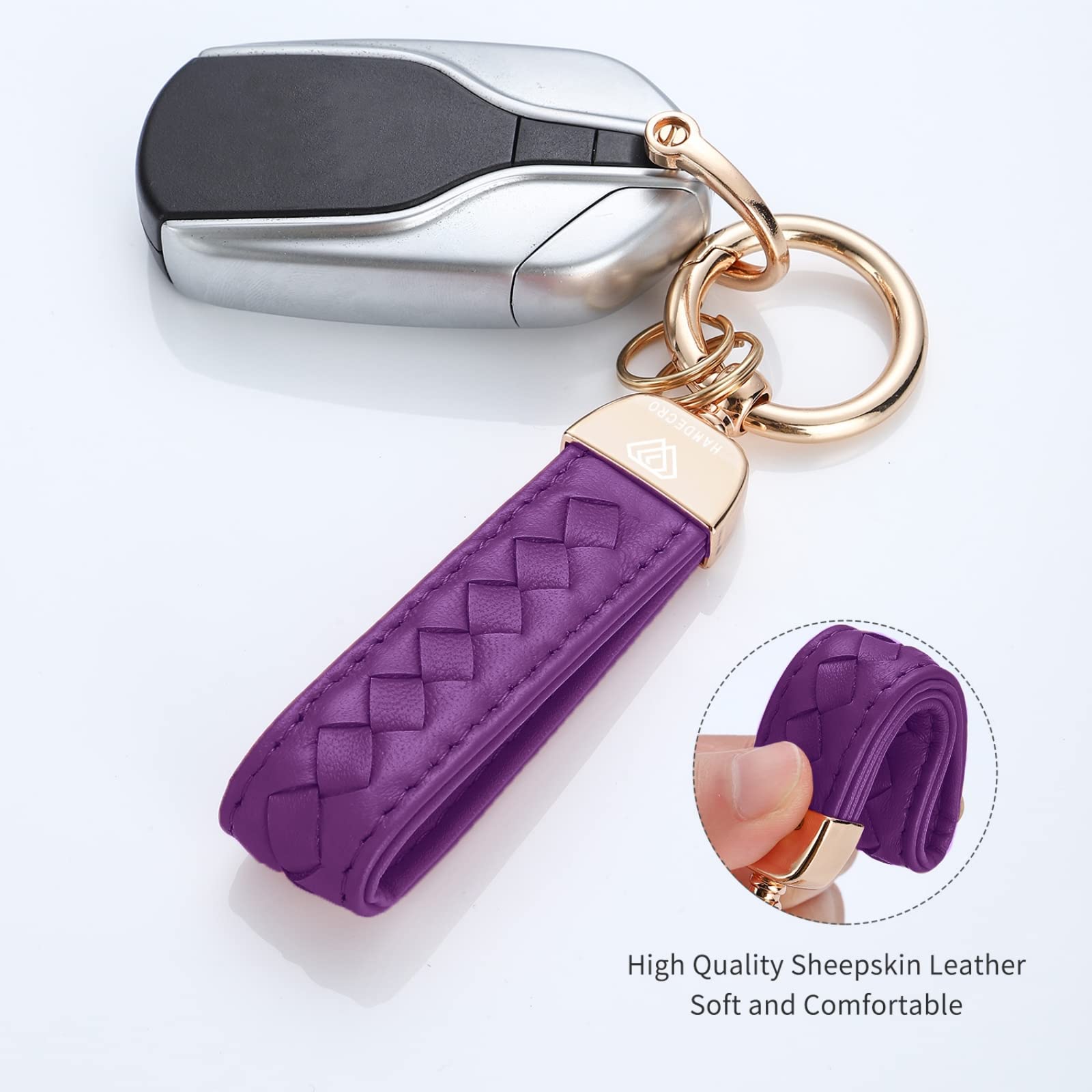 Hamdecro Genuine Leather Keychains, Handmade Knit Sheepskin Car Key Chains For Women, Universal Key Fob Holder With 360 Degree Rotatable, Anti-Lost D-Ring, 2 Keyrings And 1 Screwdriver - Purple