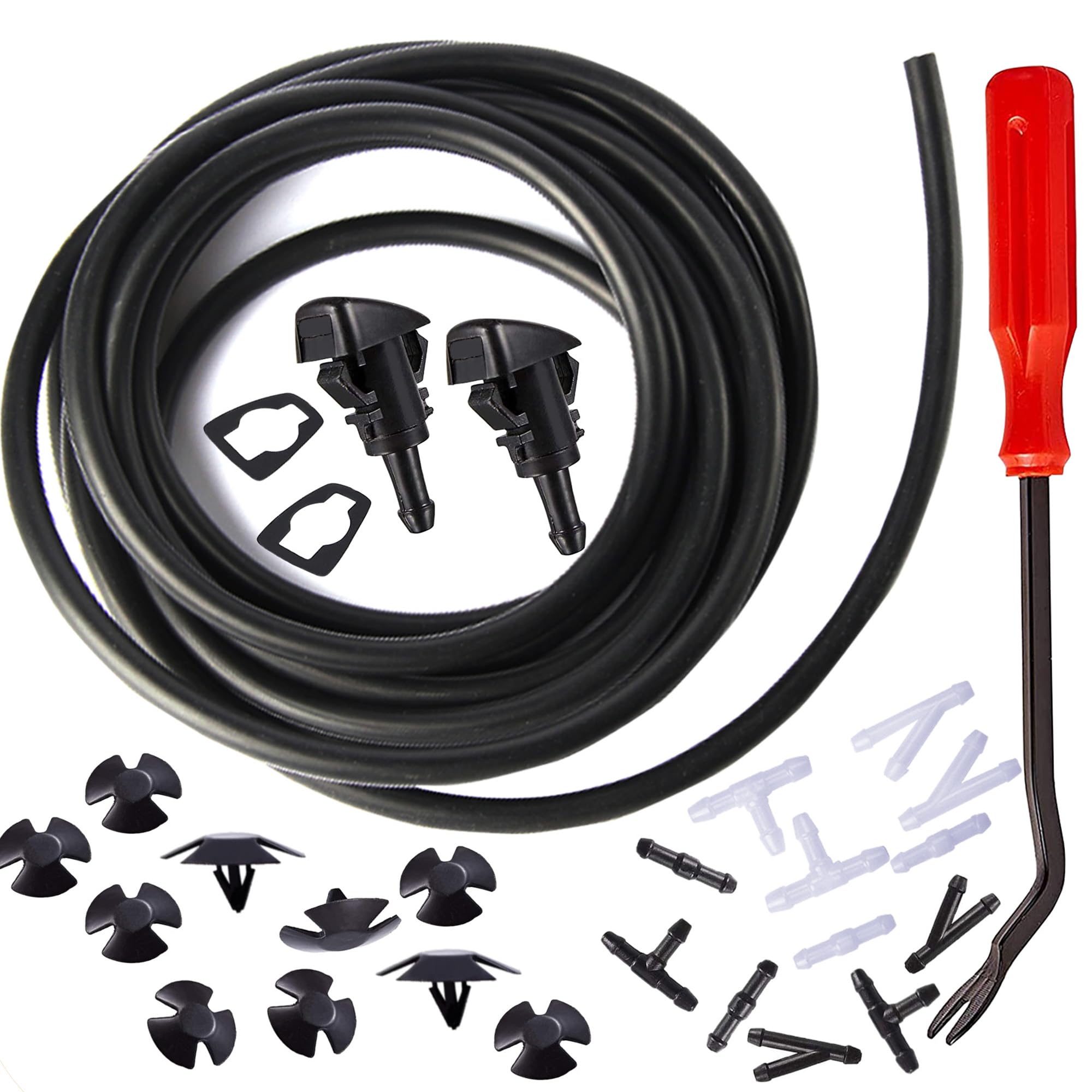 Windshield Washer Sprayer Nozzles Hose Kit - 4 Meters Windshield Washer Hose with Hose Connectors & Hood Insulation Retainers & 