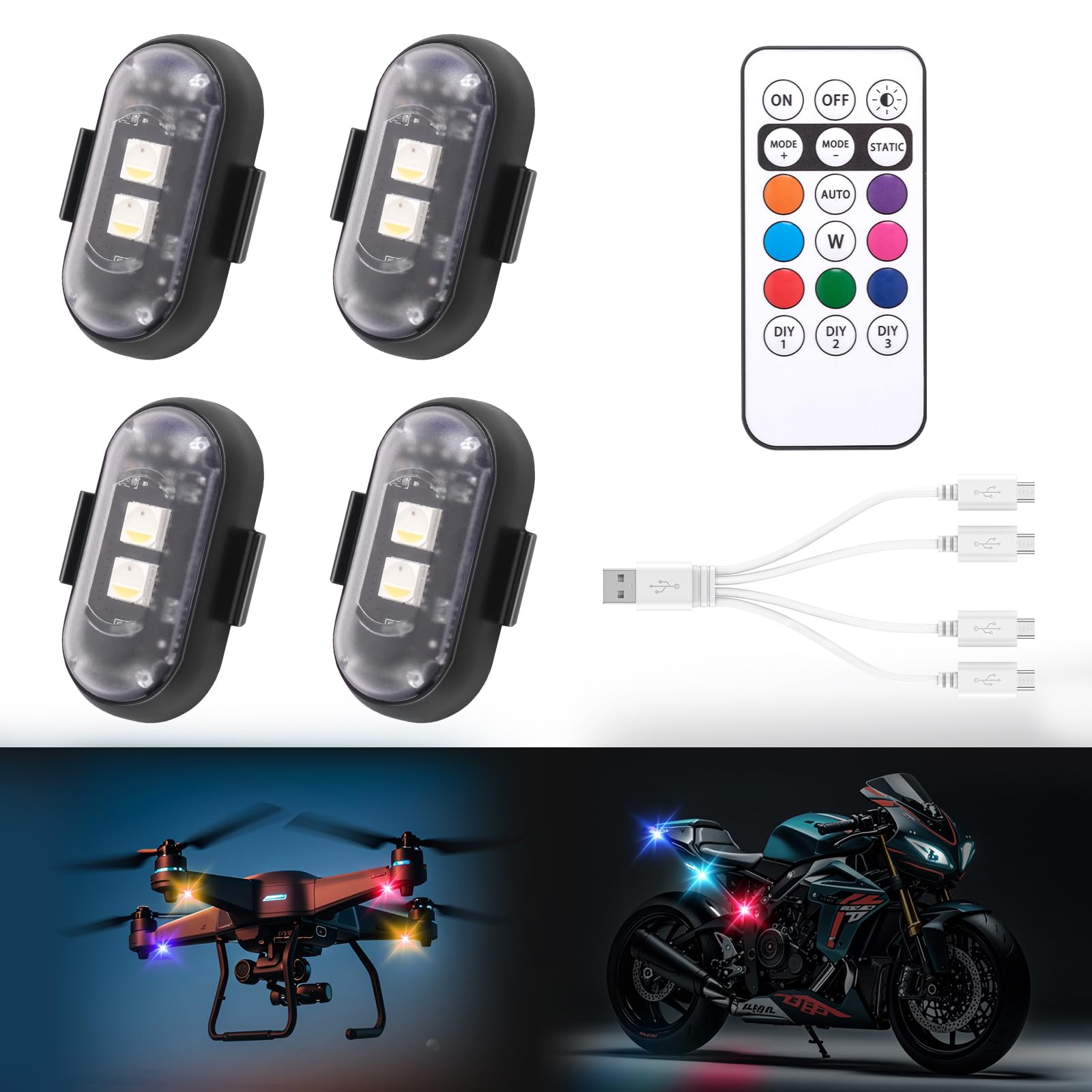 4Pcs Wireless Led Strobe Lights With Remote Control,8 Colors Waterproof Anti-Collision Usb Charing Led Warning Light, High Brigh