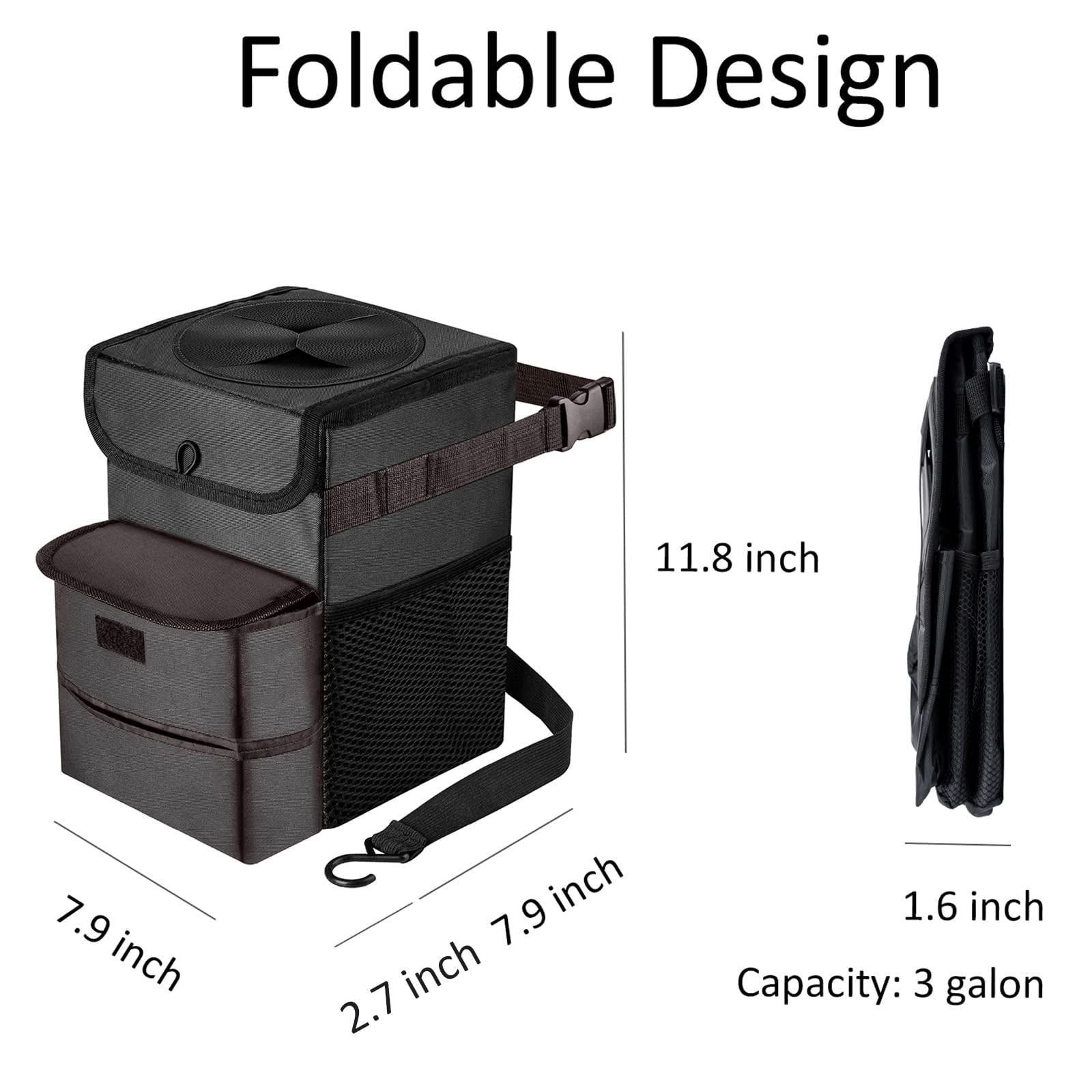 Gpusfak Car Trash Can Foldable Garbage Bin Leakproof 3 Gallons Black