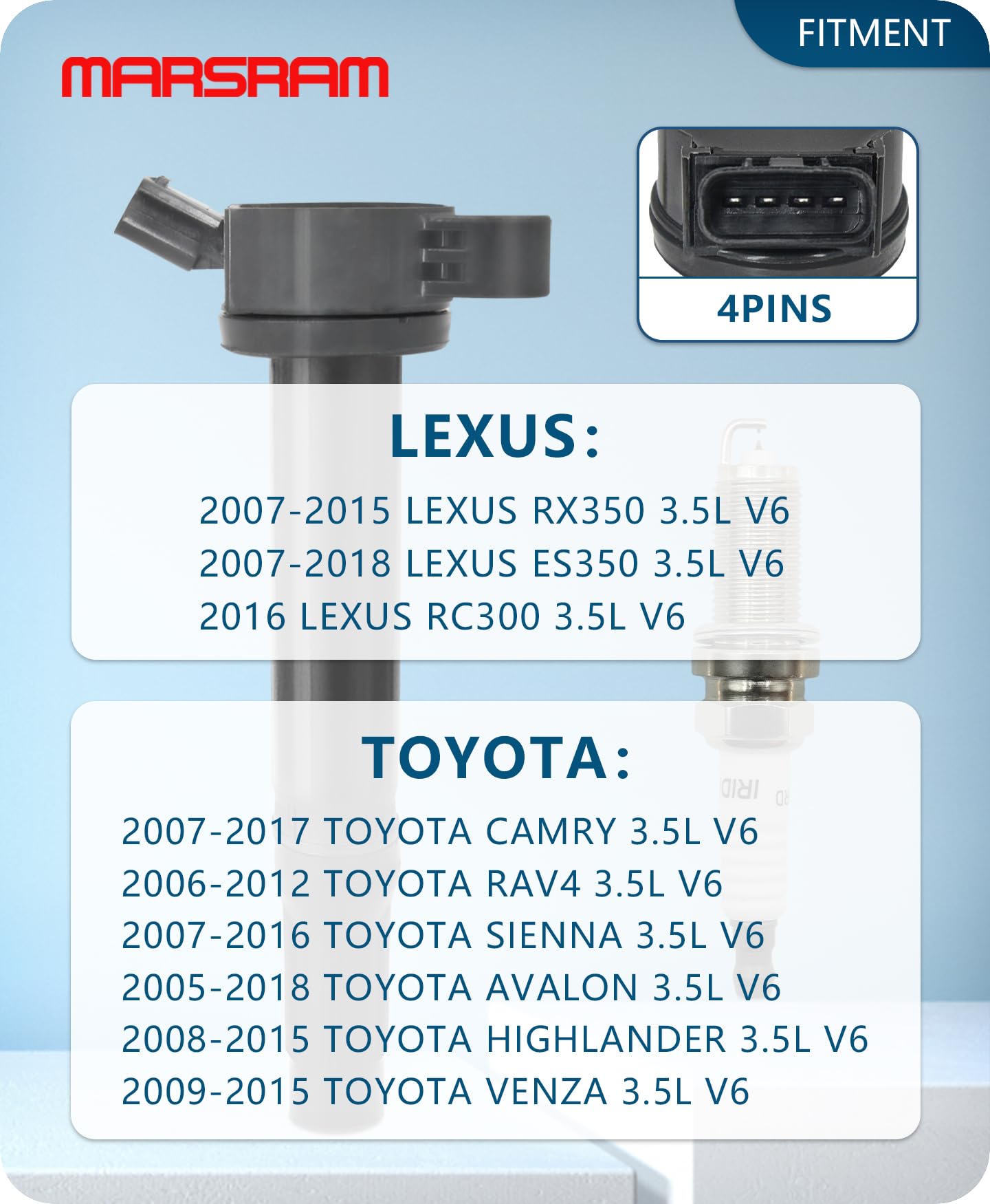 Marsram Uf487 Ignition Coil Pack & Double Iridium Spark Plug Fit For Toyota Lexus 2005-2018 Camry Highlander Avalon Rav4 Sienna