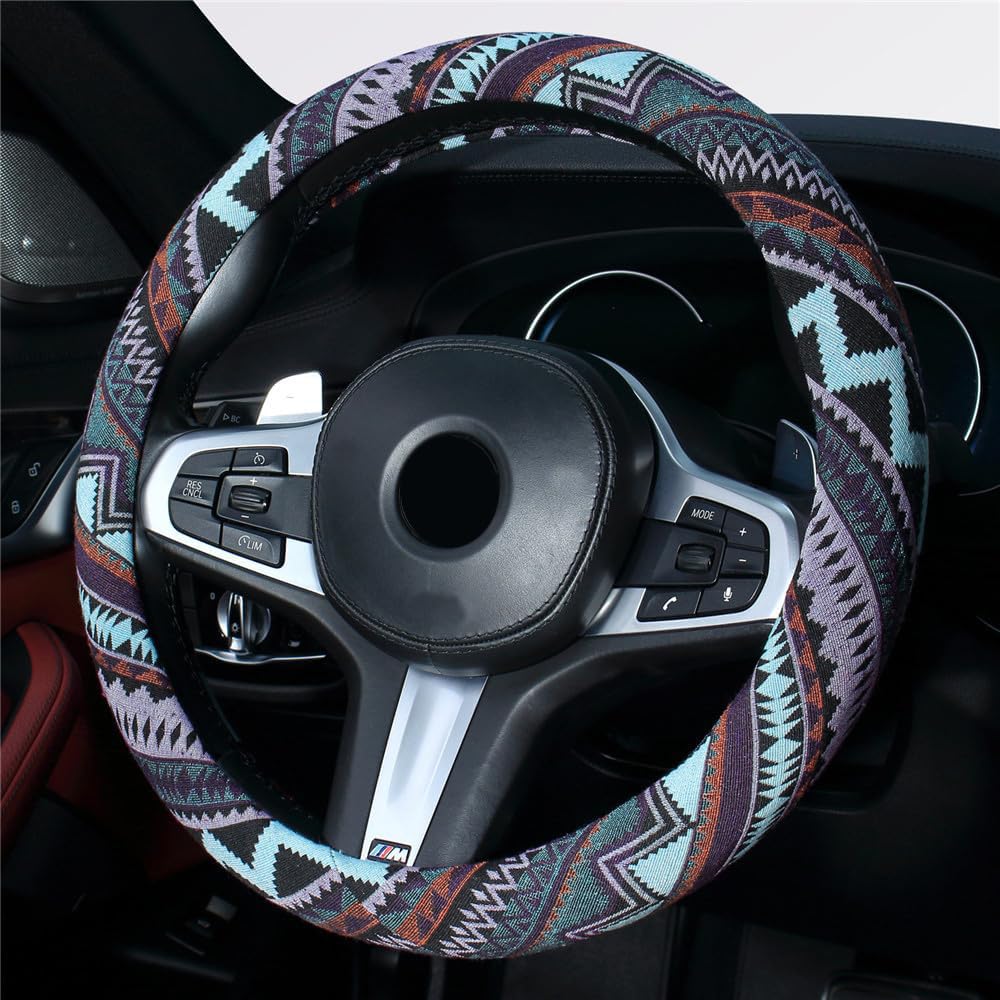Istn Ethnic Style Coarse Flax Cloth Automotive Steering Wheel Cover Anti Slip And Sweat Absorption Auto Car Wrap Cover (M, 14.5'
