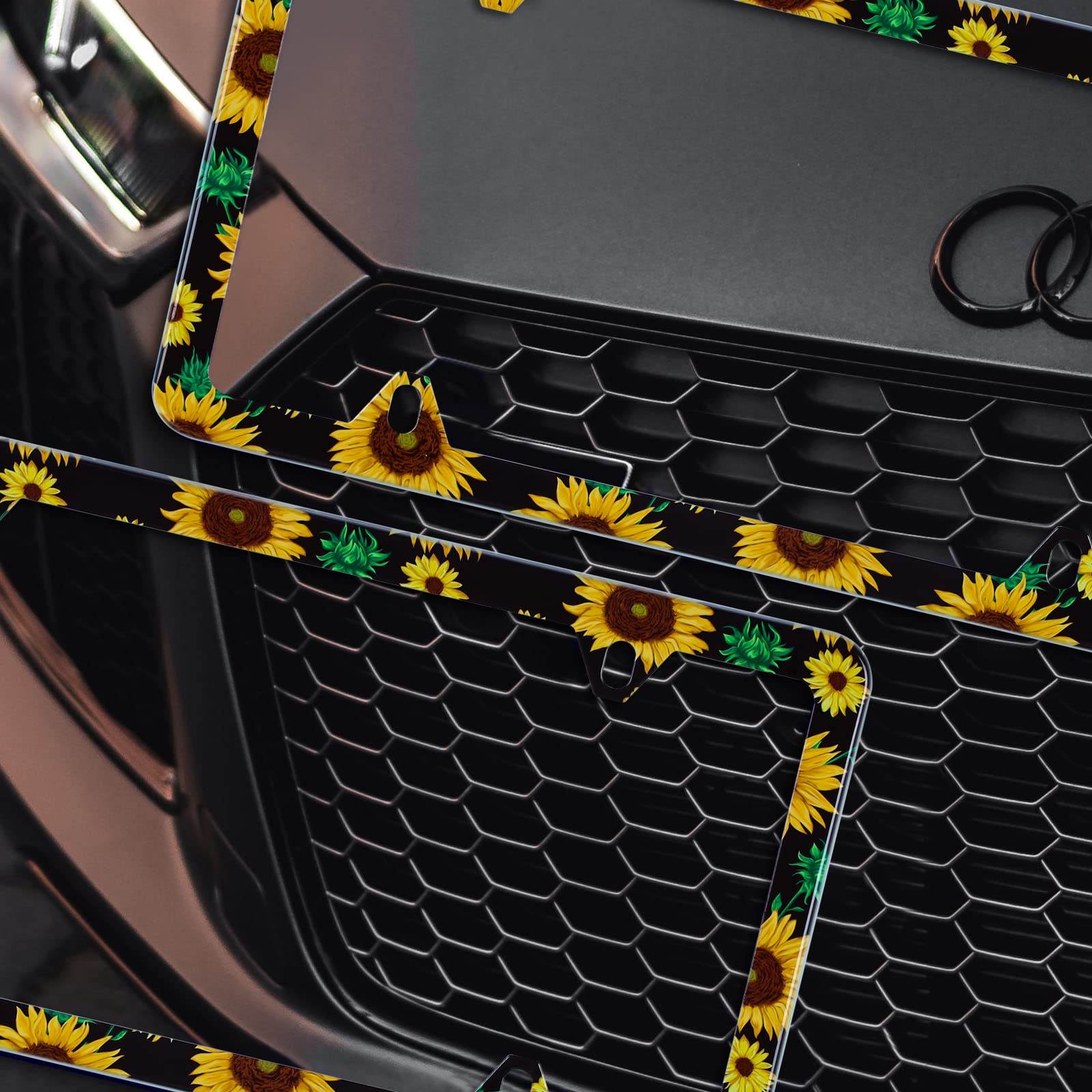 ?2Pcs? Sunflower Flowers Green Leaves Watercolor License Plate Frame Stainless Steel Car License Plate Frame Accessory Car Plate